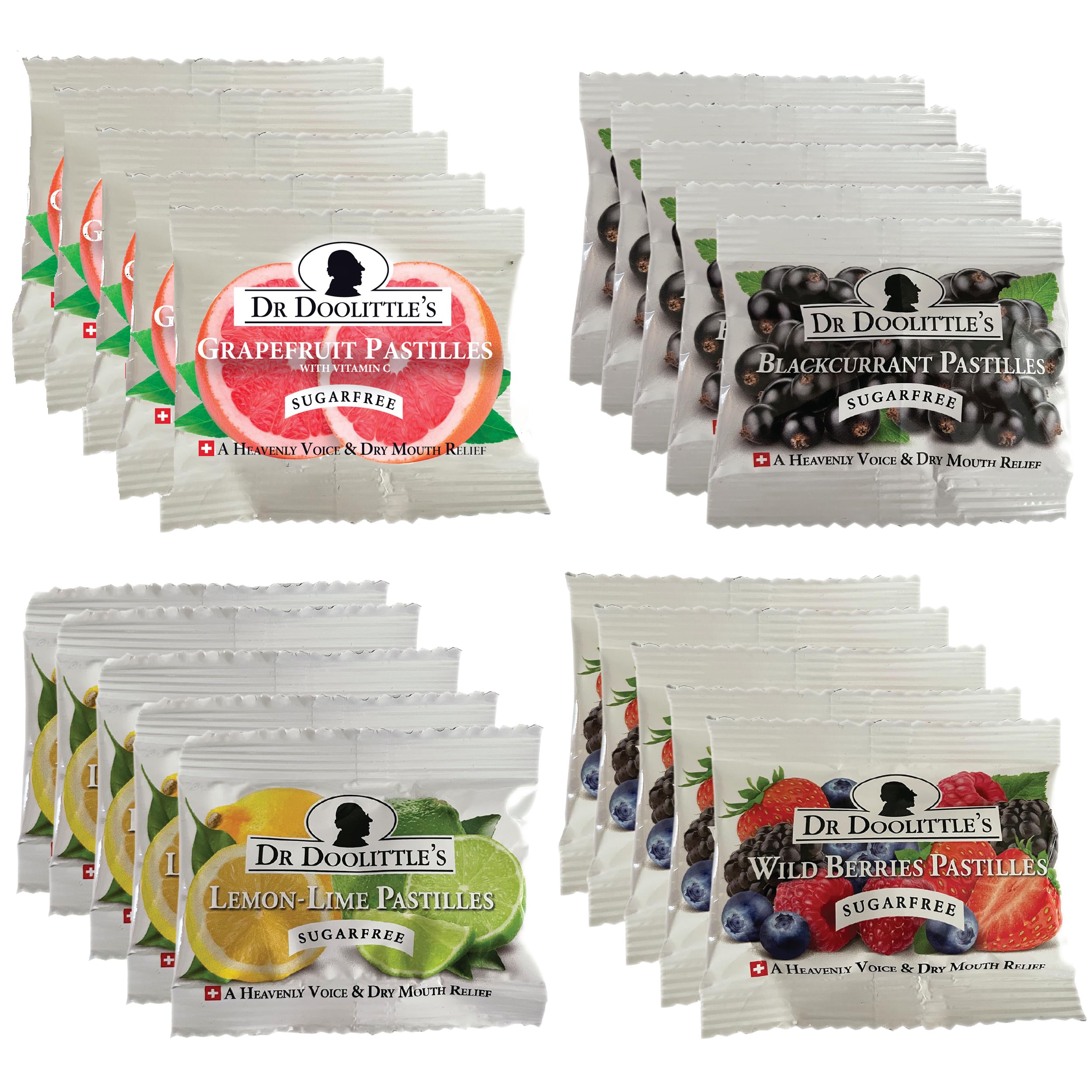 Dr. Doolittle’s Pastilles Sugar Free Variety Pack for Voice and Throat, Blackcurrant, Grapefruit, Lemon Lime, and Wild Berries, .33 oz Travel Size Bag, approximately 4 Count, 20 Pack