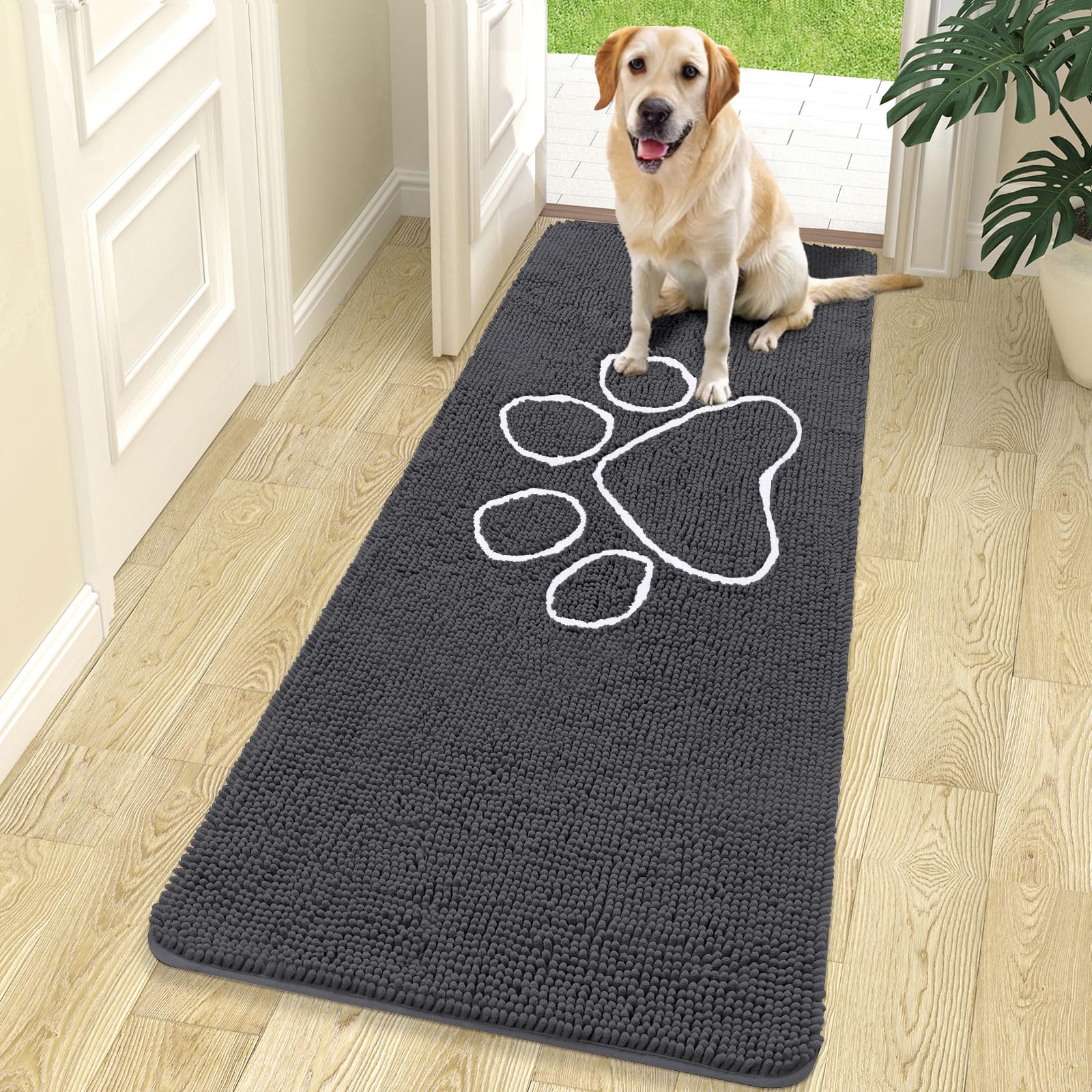 OLANLY Dog Door Mat for Muddy Paws 70x24, Paw Print Design Chenille Mud Mat