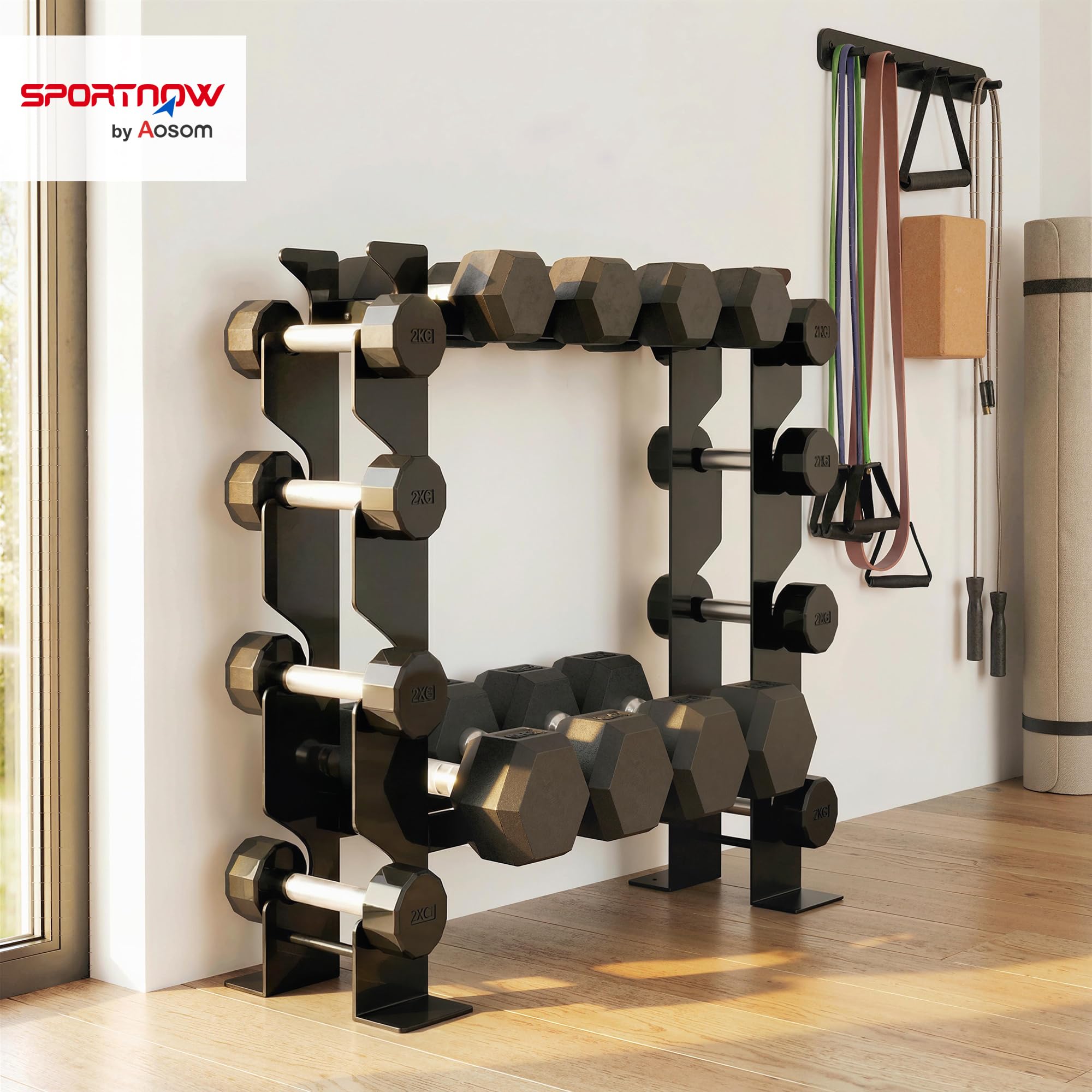SPORTNOW Porta Pesi Palestra Casa a 4 Ripiani, Rastrelliera Manubri in Acciaio, Supporto per Manubri e Kettlebell, Salvaspazio per Palestra Domestica, Capacità 200 Kg, Nero