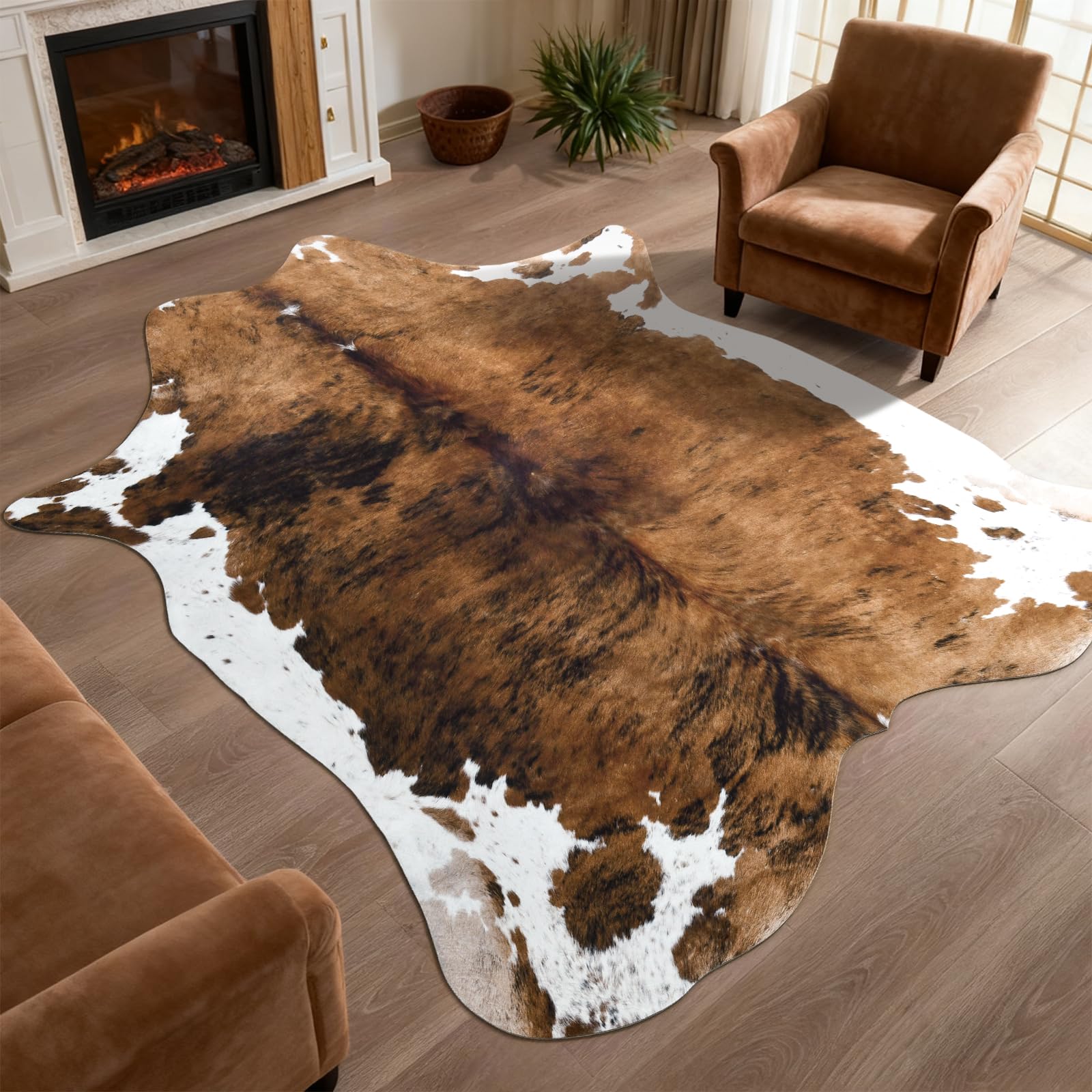 DweIke Faux Cowhide Print Rug for Living Room, 2.3 x 3.6 ft Brown Western Animal Cow Hide Rugs, Non Slip Cool Cow Skin Carpet for Bedroom Dining Room Farmhouse Entrance Home Decor, Brown