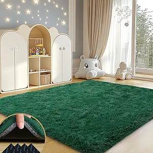 4x6 Rugs for Living Room, Large Fluffy Dark Green Area Rugs for Bedroom, Soft Carpet Shag Kids Rug with 4 Non-Slip Rug Pads (4ft x 6ft, Dark Green)