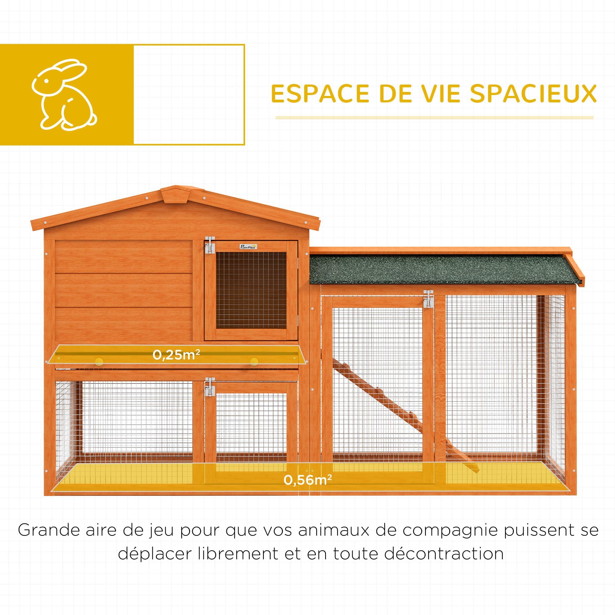 PawHut Clapier Cage à Lapins rongeurs 2 Niveaux 3 Portes verrouillables tiroir à déjection 150L x 45l x 85H cm Bois Massif Sapin