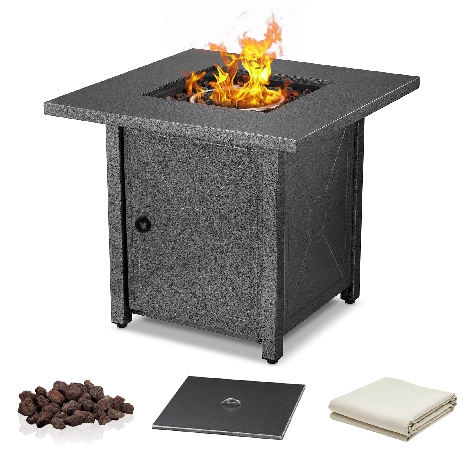 28'' Propane Fire Pit Table, 40,000 BTU, Portable, with Lava Racks, Lid, Rain Cover, Smokeless for Outside Paito/Garden/Backyard