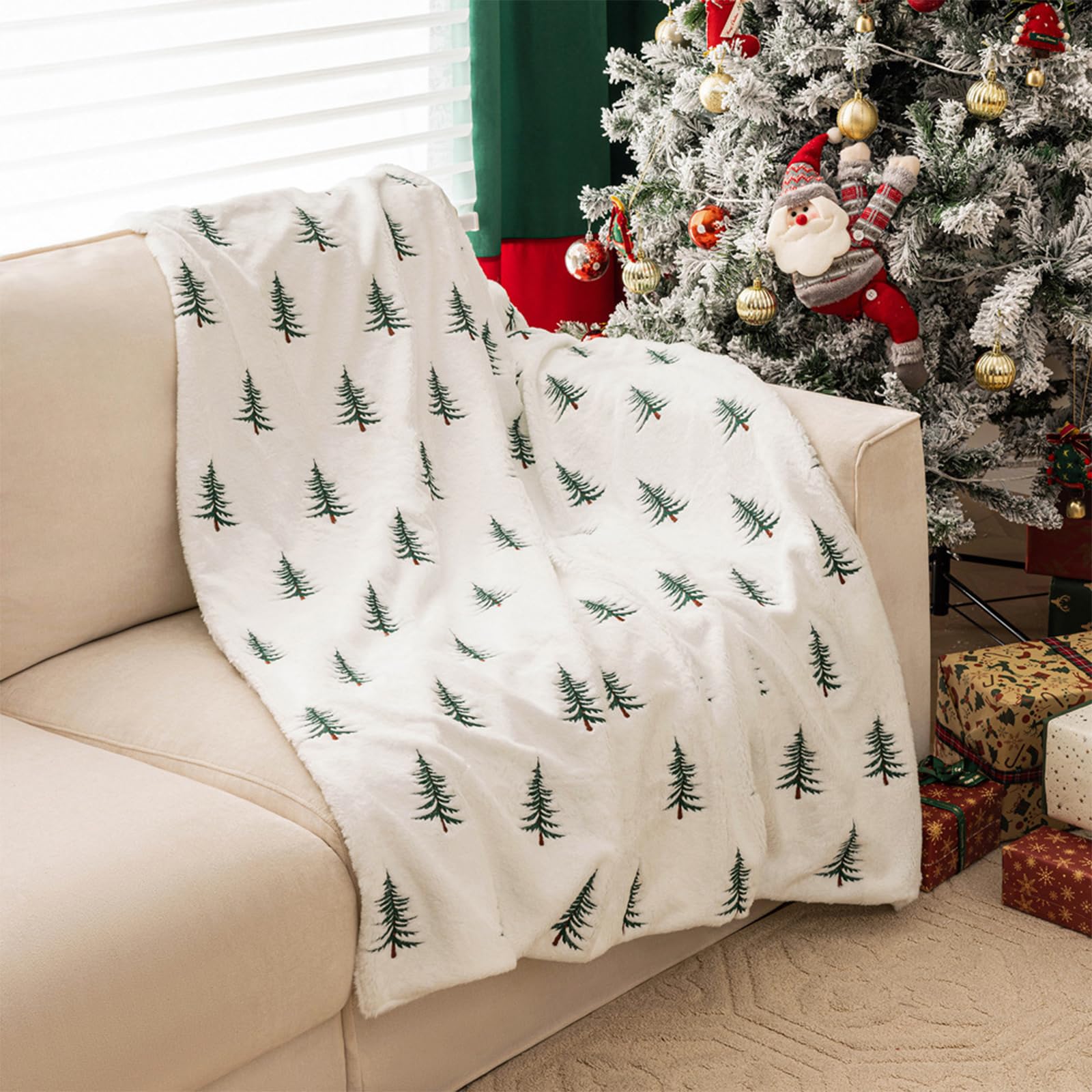 Manta navideña bordada con patrón de pino para decoración de sofá, cama, manta de felpa de felpa de Navidad