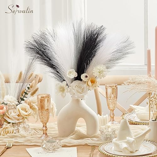 Miniatura 6 de Serwalin Decoración de hierba de las pampas, decoración de pampas negra, 17 pulgadas, 6 piezas de hierba sintética de pampas, decoración moderna