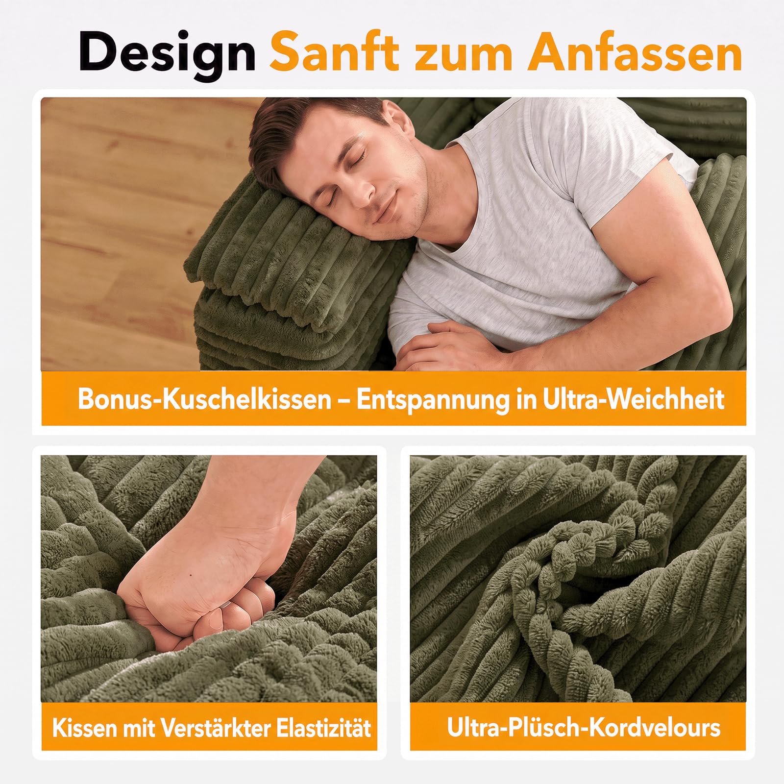 Fabulcozy 3-Sitzer Sofa 210 cm aus Cord mit Fußstütze, Seitentaschen, Armlehnenkissen und 3 Kissen inklusive, Bequeme Polsterung, für Wohnzimmer, Apartment,Grün