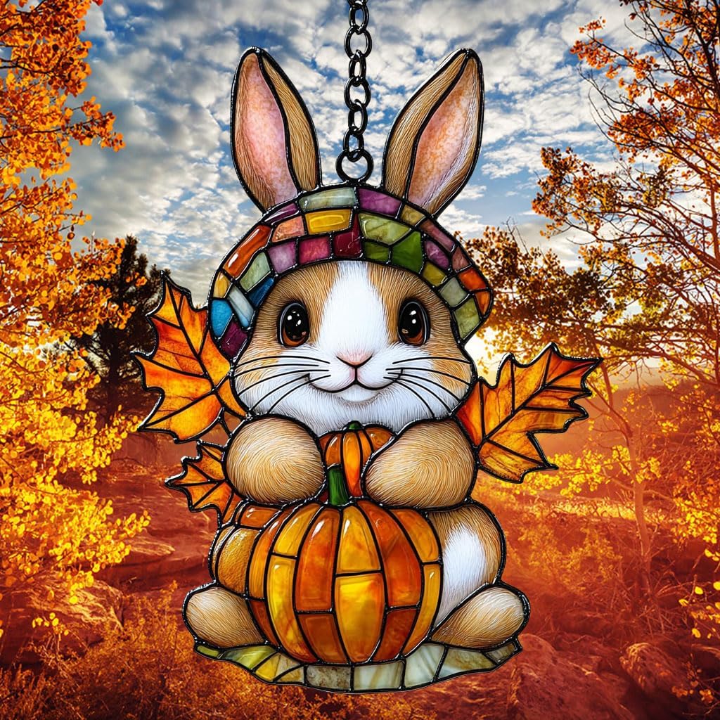 Autumn Bunny Pumpkin Maple Acrylic Suncatcher Stained Glass Effect Window Car Hanging Christmas Ornament Indoor Outdoor Decor Garden Sun Catcher Panel for Thanksgiving Lover for Women Mom Grandma