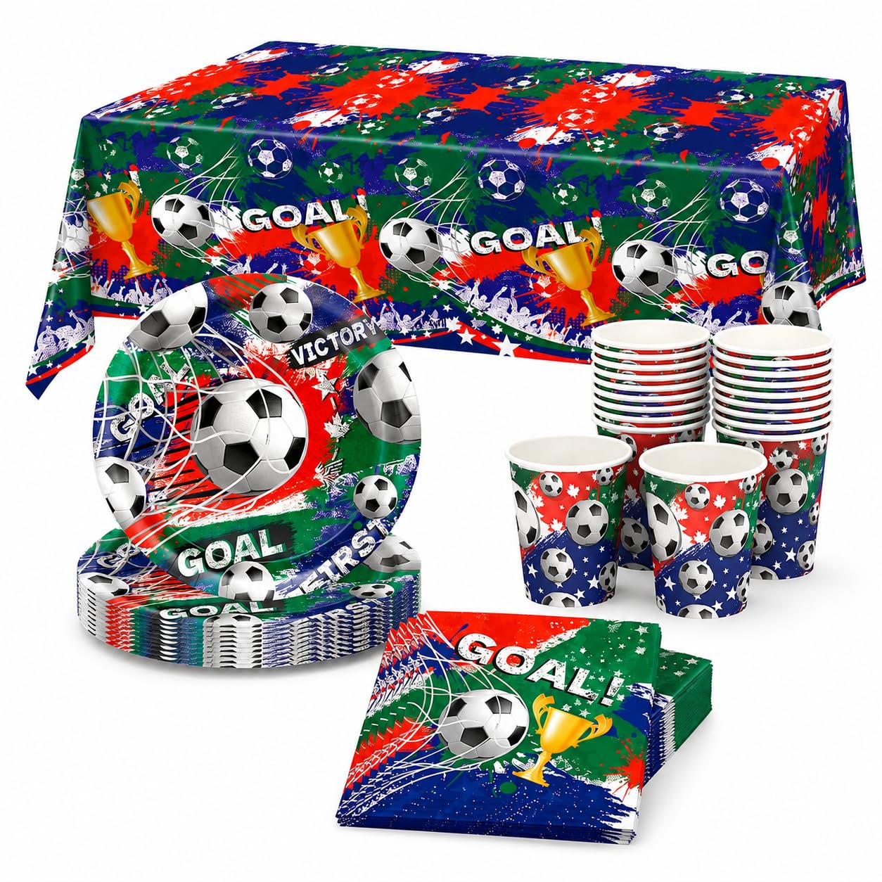 Vajilla fútbol Copa 2026 53 piezas para 16 personas con mantel | Set completo de mesa con platos vasos servilletas y mantel para días de partido eventos deportivos y fiestas