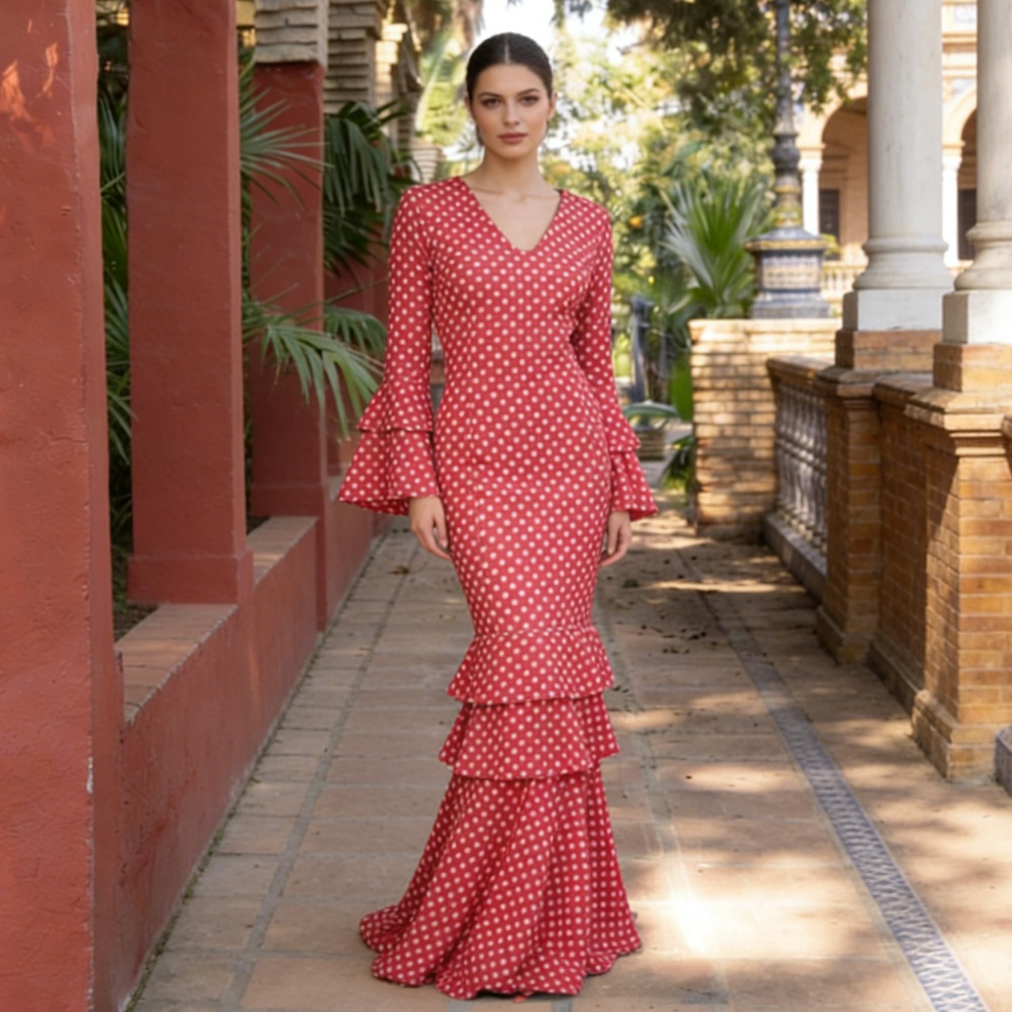 Vestito Fenicottero Donna Lungo - Costume da Sivigliana Adulto con Pois, Maniche a Siviglia - Vestito Andaluso Elegante per Fiera e Danza