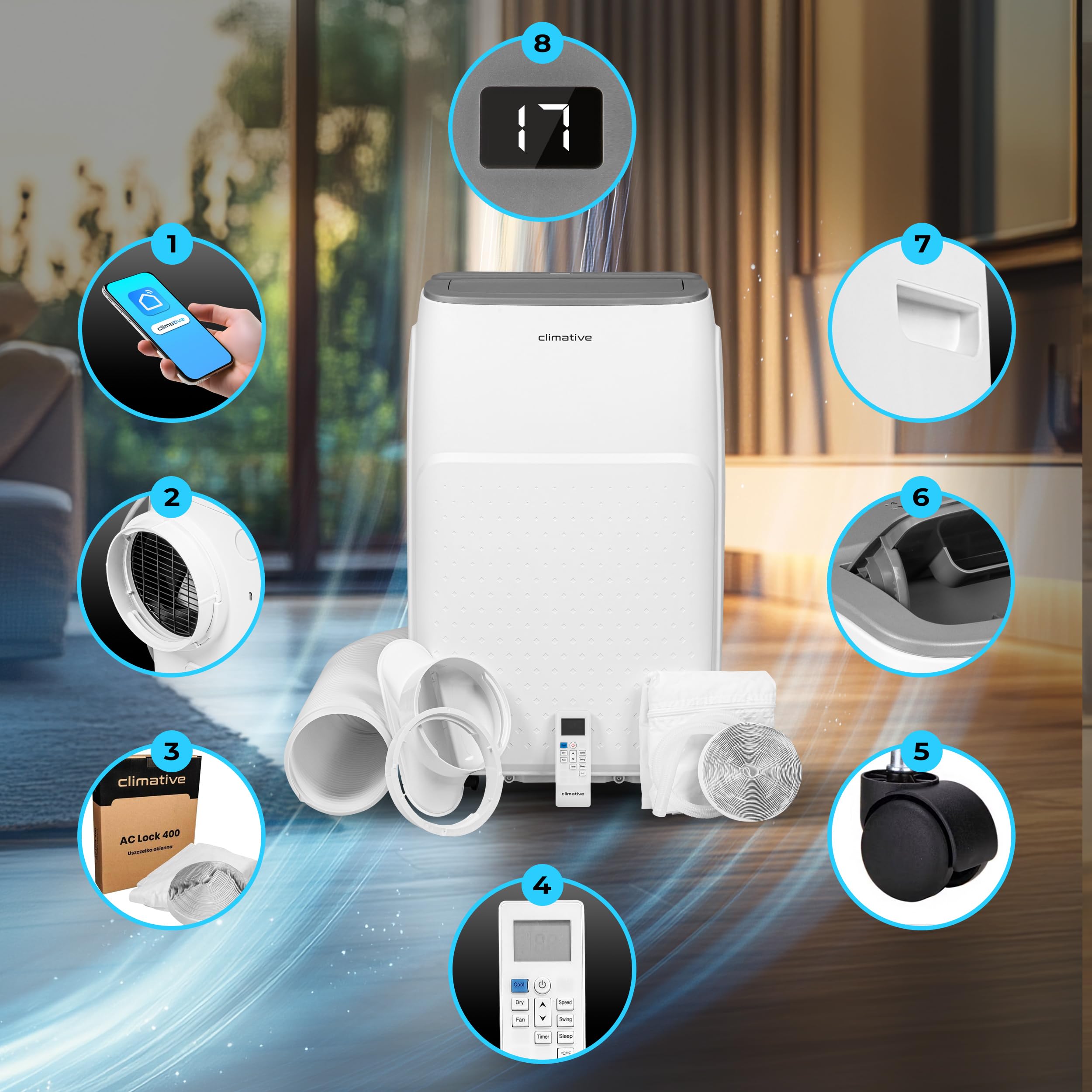 Klimatyzator przenośny Climative AC41-S JET WiFi, 4,1 kW, BTU 14000, do 41 m², klimatyzacja 3w1, osuszanie i wentylacja, w zestawie pilot zdalnego sterowania. Działa z Tuya Smart
