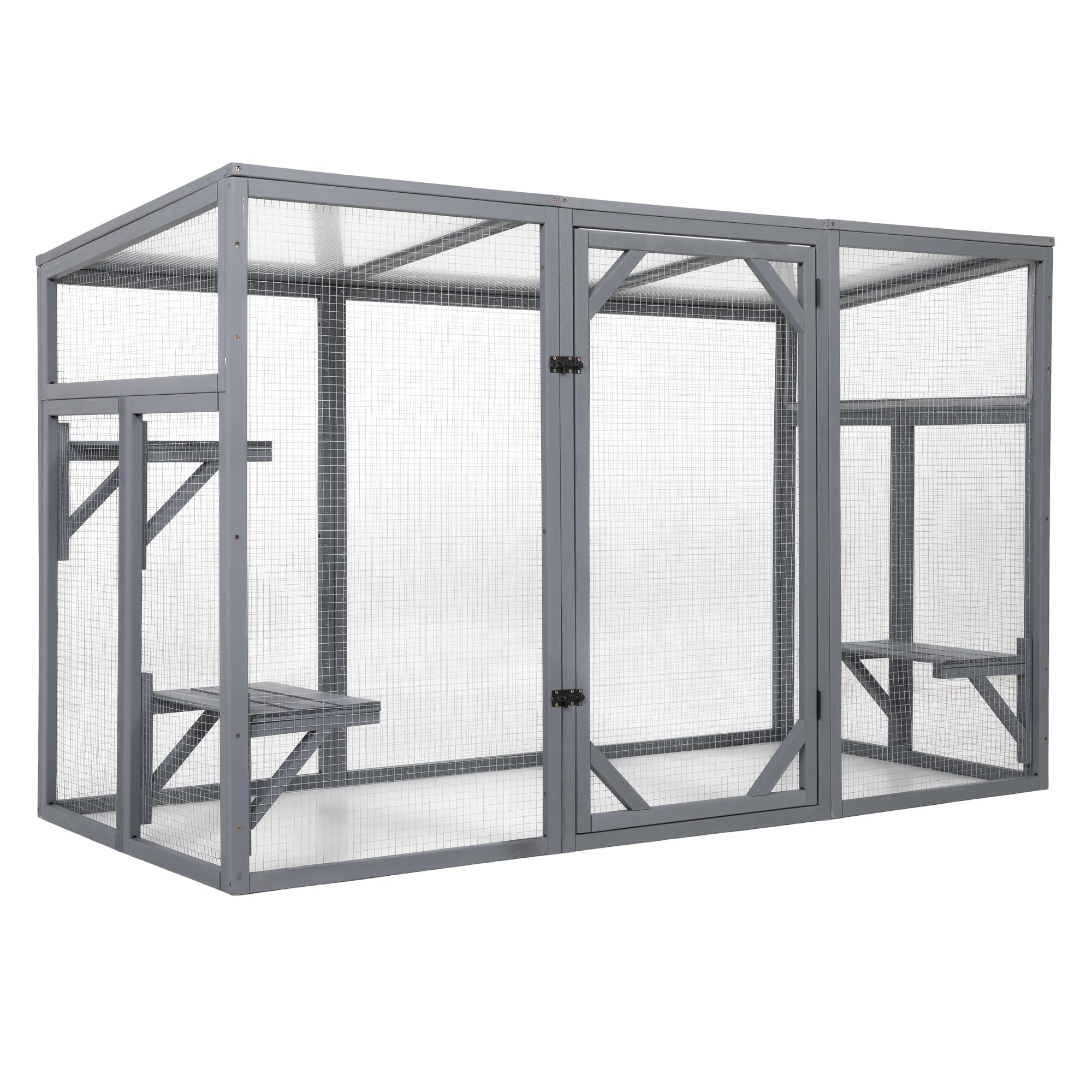 Catio Outdoor Cat Enclosure, 180 x 80 x112 cm Sloping Roof Cattery Outdoor for Cats House Cage Indoor, Wooden Catio with Lockable Door, 3 Platforms, Weatherproof, Accommodate Up to 5-7 Cats