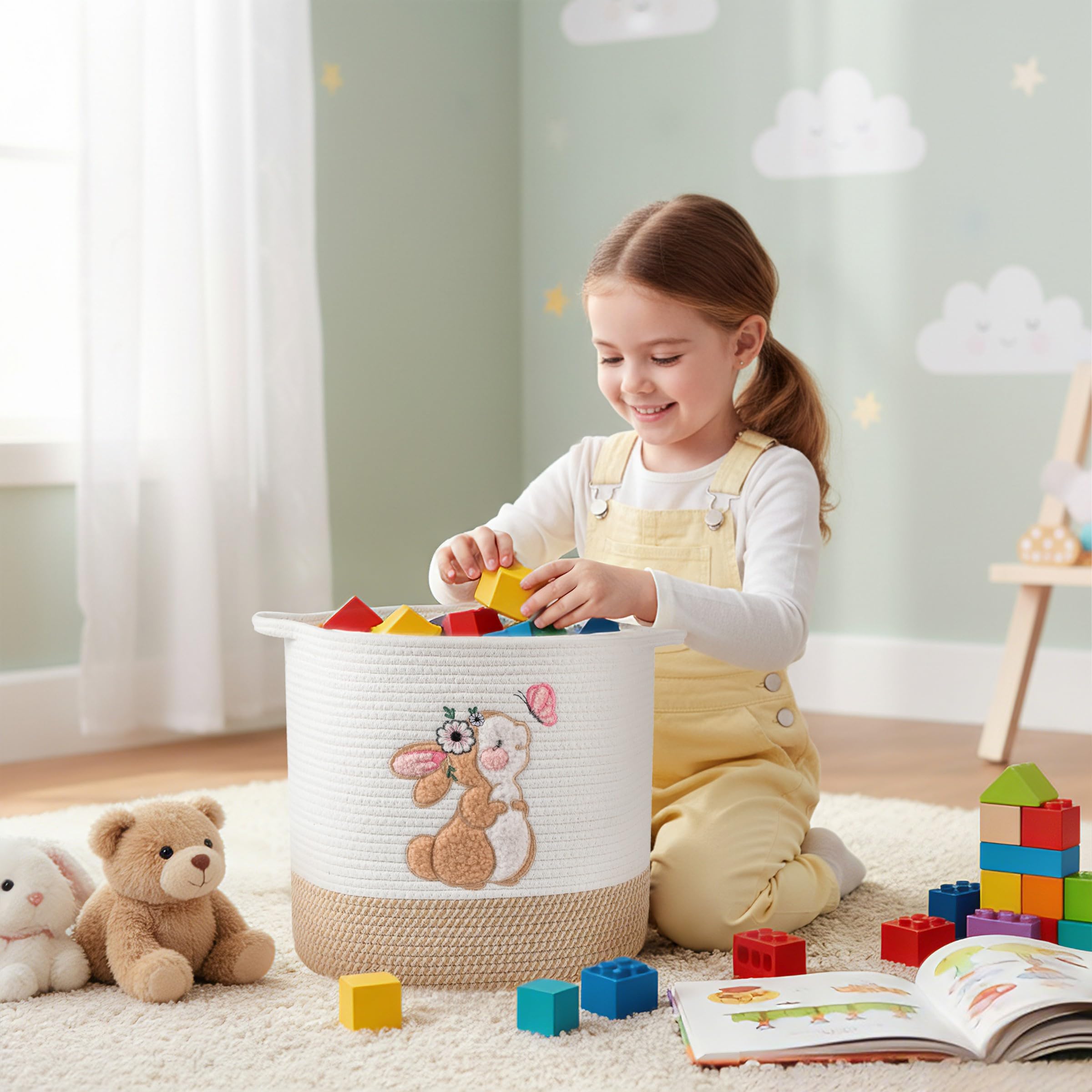 Cesto in corda di cotone per bambini, cesto regalo, vuoto, per baby shower, con manici, graziosi, coperte, animali ripieni, per asilo (coniglietto, grande)