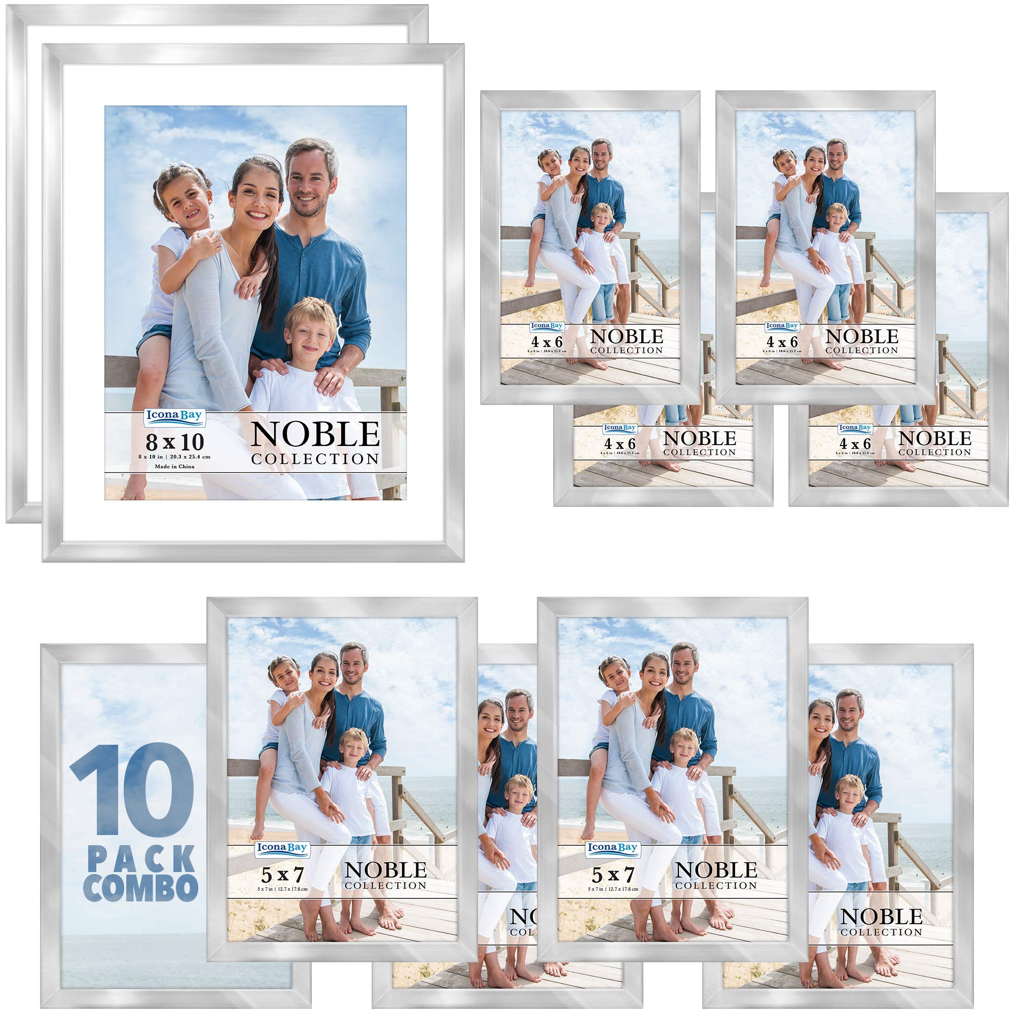 Icona Bay Combo-Sizes Silver Picture Frames Set - 10 PC (Four 4x6, Four 5x7, Two 8x10), Noble Collection Multi-Pack, Modern Professional Design for Wall Gallery
