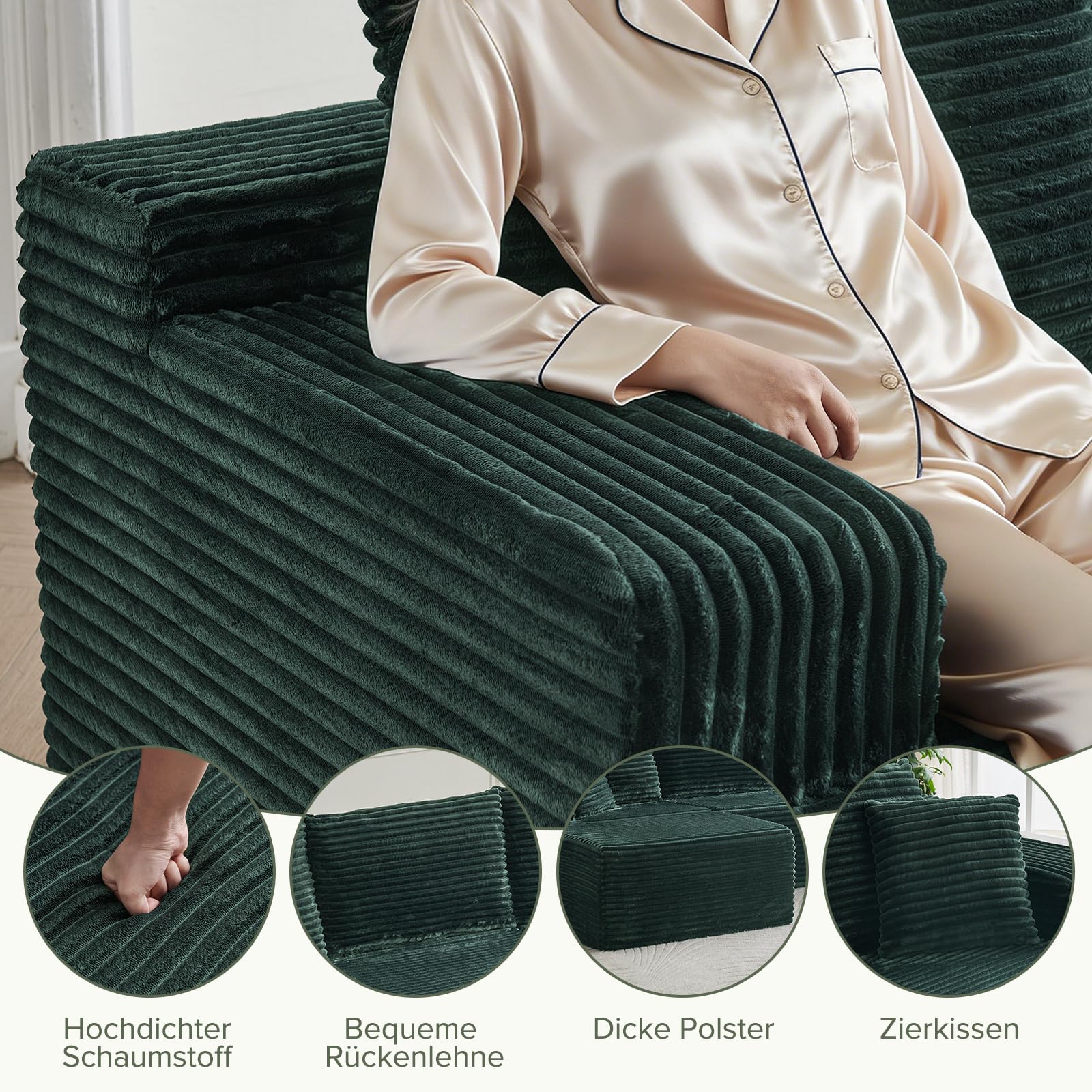 Modulares U-Form Sofa 262cm - Cloud Couch ohne Montage - Boneless Schlafsofa mit High Resilience Schaumstoff - Modernes Ecksofa für Wohnzimmer und Gästezimmer, Grün