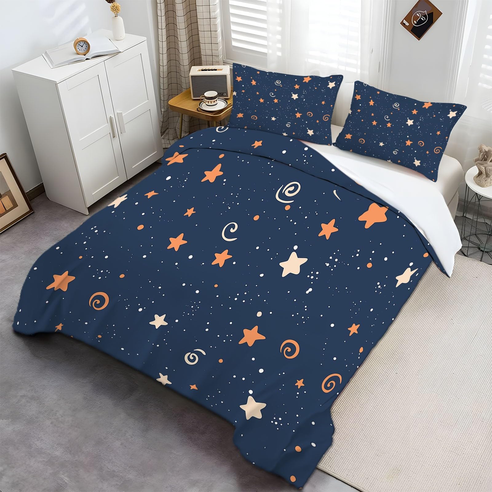 CozyRest Funda Nórdica Cama 105-200 x 200 cm Suave Transpirable, Cielo Estrellado Patrón Azul Marino Microfibra Juego de Fundas Edredón 1 Funda Nórdica + 2 Fundas de Almohada 50x75cm