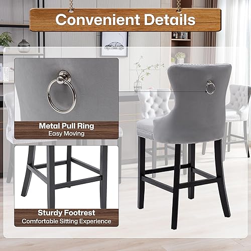 Miniatura 7 de Juego de 2 taburetes de bar, de terciopelo, 26 taburetes de altura de mostrador con respaldo copetudo, sillas de bar con ribete de remache para isla