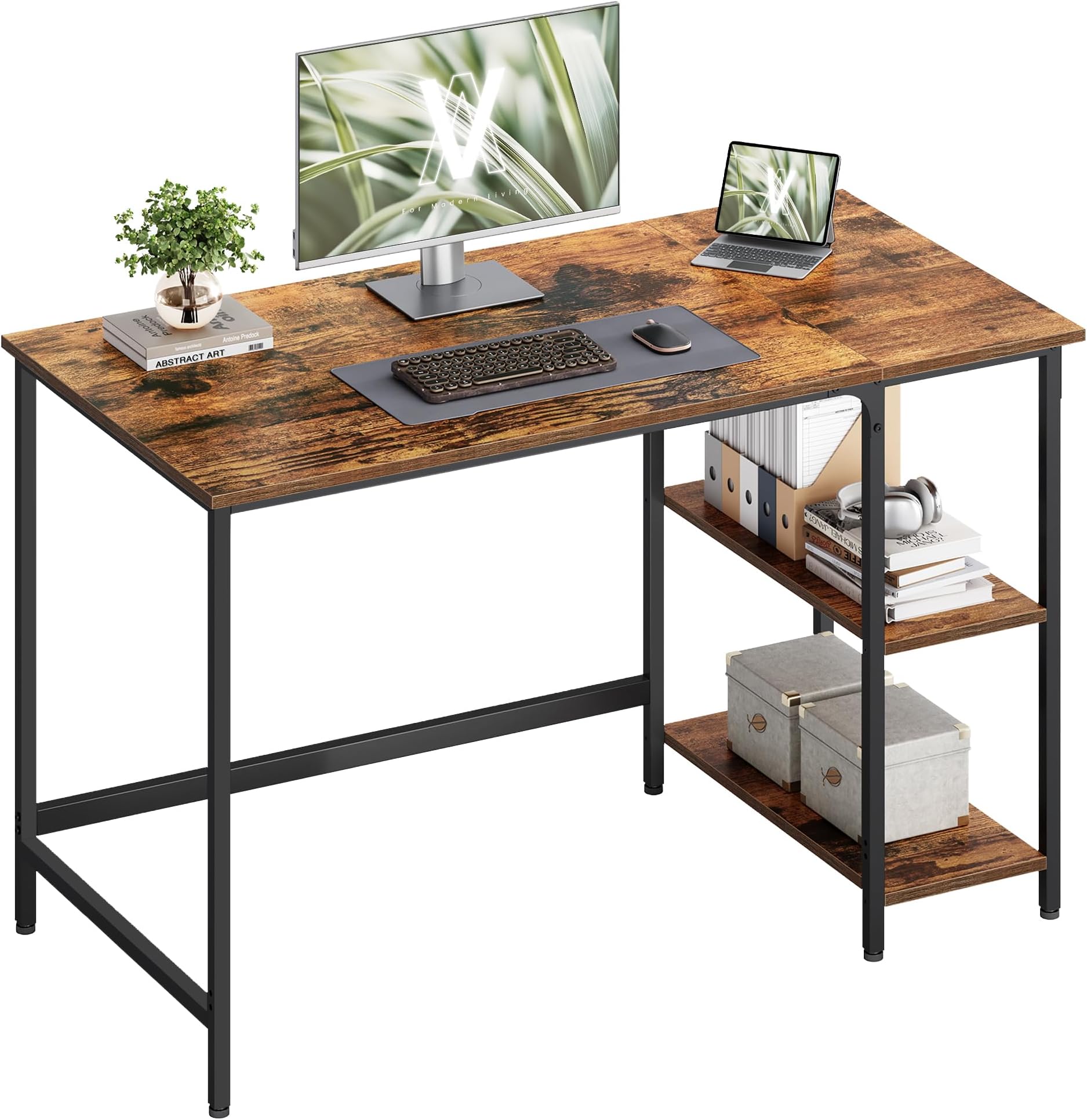 VASAGLE Computer Desk, Writing Desk with 2 Shelves on Left or Right, Work Table for Office Living Room, Steel Frame, Industrial, Rustic Brown and Black LWD47X