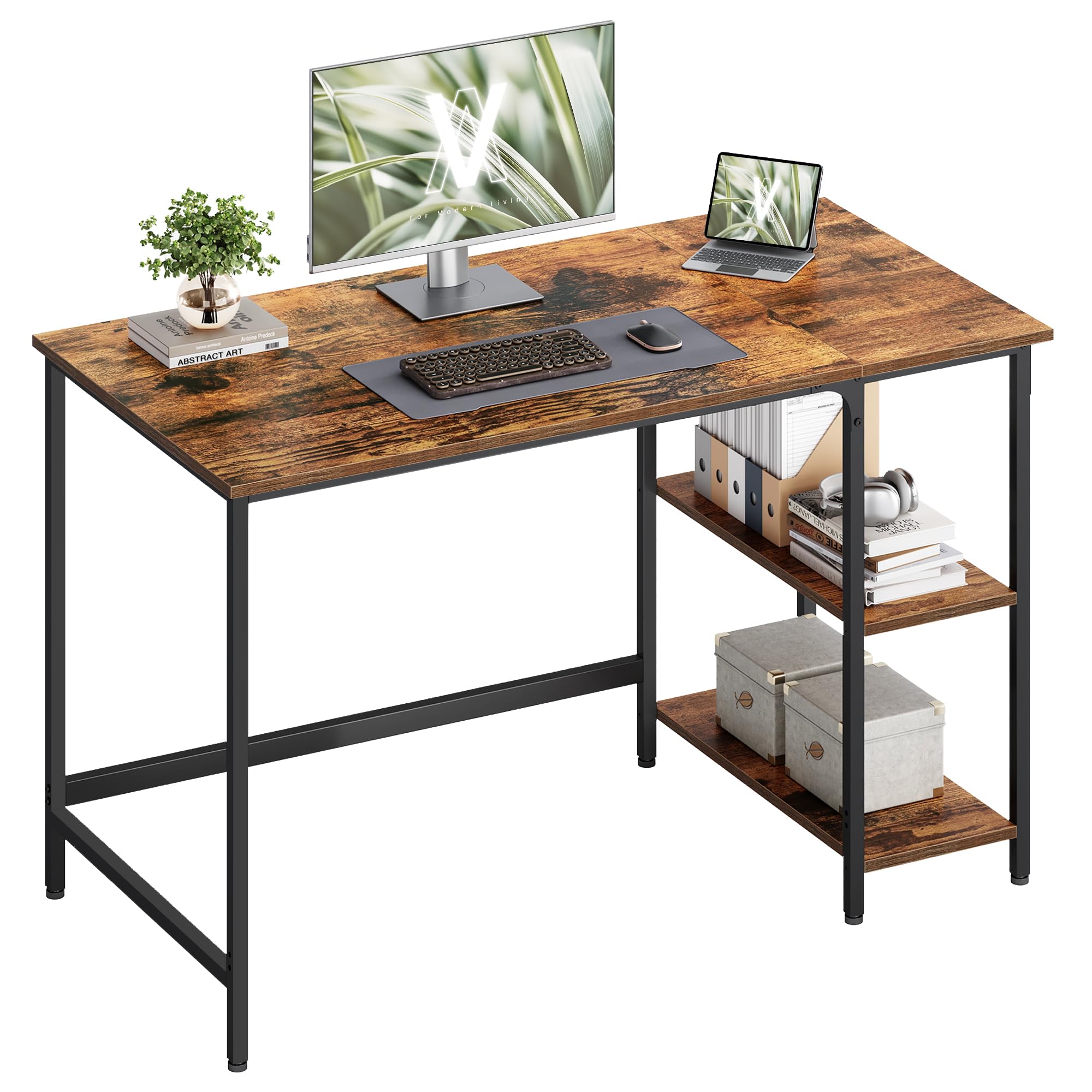 VASAGLE Computer Desk, Writing Desk with 2 Shelves on Left or Right, Work Table for Office Living Room, Steel Frame, Industrial, Rustic Brown and Black LWD47X