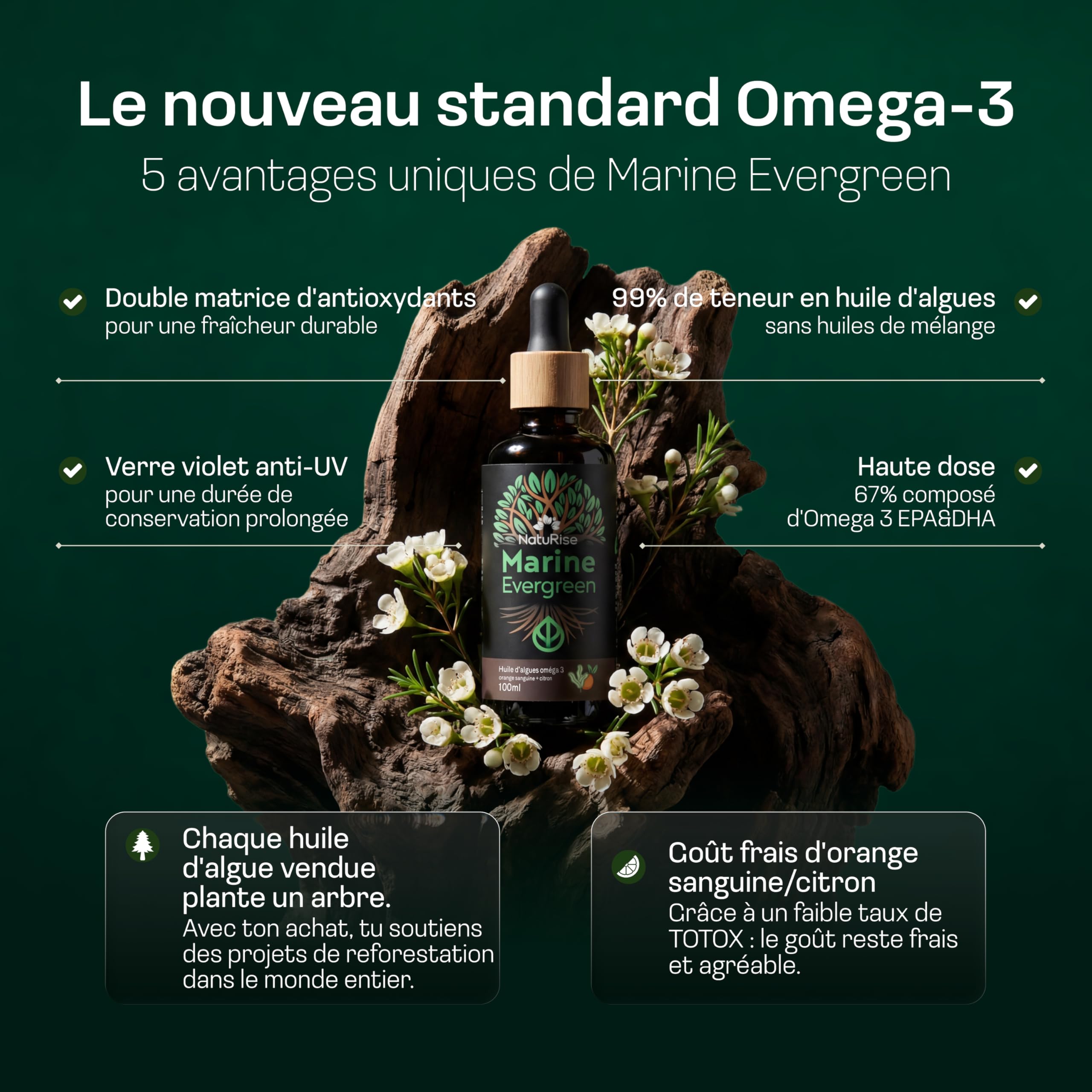 NatuRise® Oméga 3 Liquide Vegan [4700 MG] D'Huile d'Algues par Jour Dont 3139 mg d'Oméga 3 (DHA, EPA & DPA) - Hautement Dosé - 100 ml - Pipette Graduée - Verre Anti-UV (Orange Sanguine & Citron)