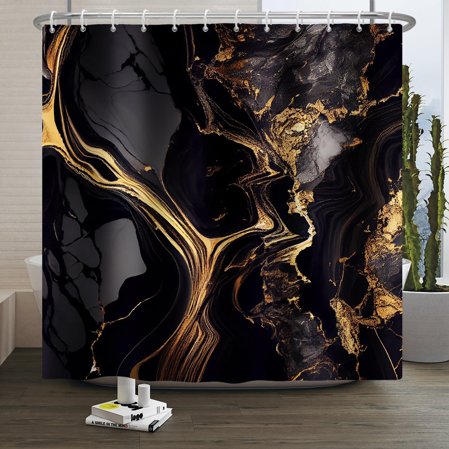 Xiaoterna Marble Shower Curtain Abstract Black Gold Marble Bathroom Curtain Gold Powder Sparkling Modern Luxury Marble Shower Curtain Machine Washable Waterproof Fabric 150x180cm