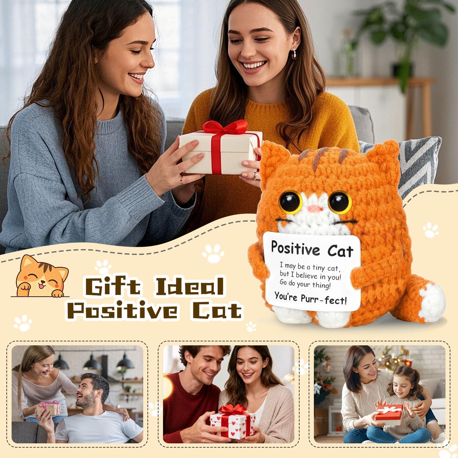 Positive Crochet Cat Animal Emotional Support Crochet Cat Handmade Crochet Animals Lover Gifts for Women Men,Handmade Funny Mini Birthday Cute Cat Decor Mom Grandma Daughter Son Friends(Orange)