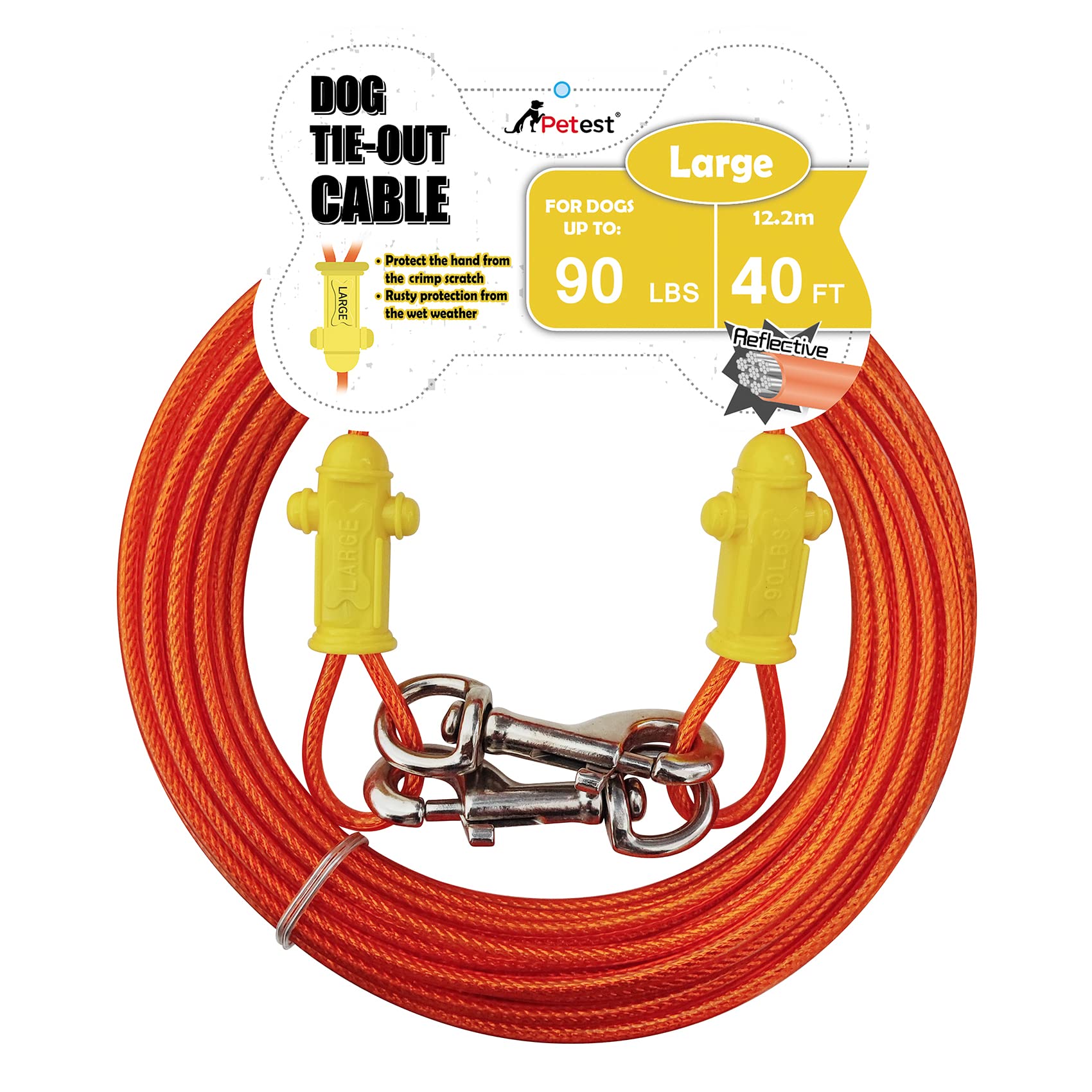 Reflective Tie Out Cable with Crimp Cover for Large Dogs Up to 90 Pounds, 40 Feet