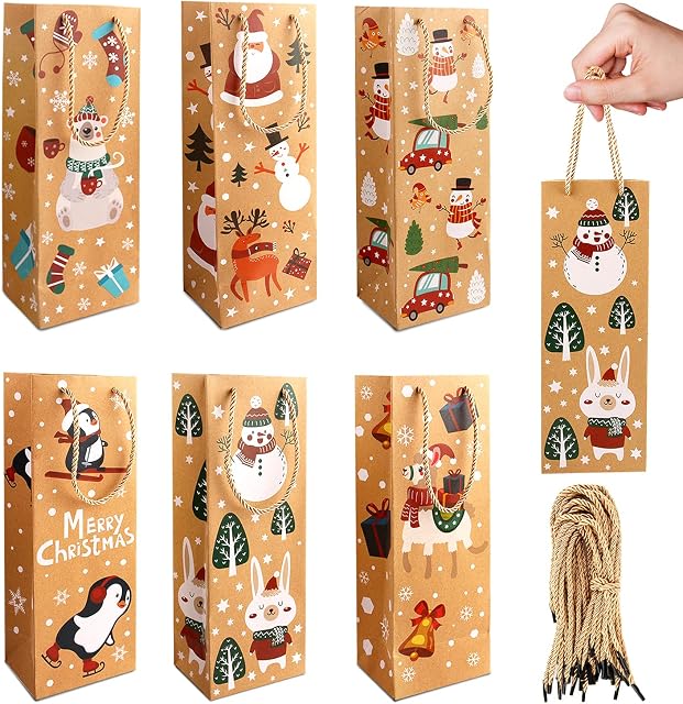 LOKIPA Christmas Kraft Paper Wine Bottle Gift Bags 12 Pcs Xmas Wine Gift Bags for Christmas Wine Gifts
