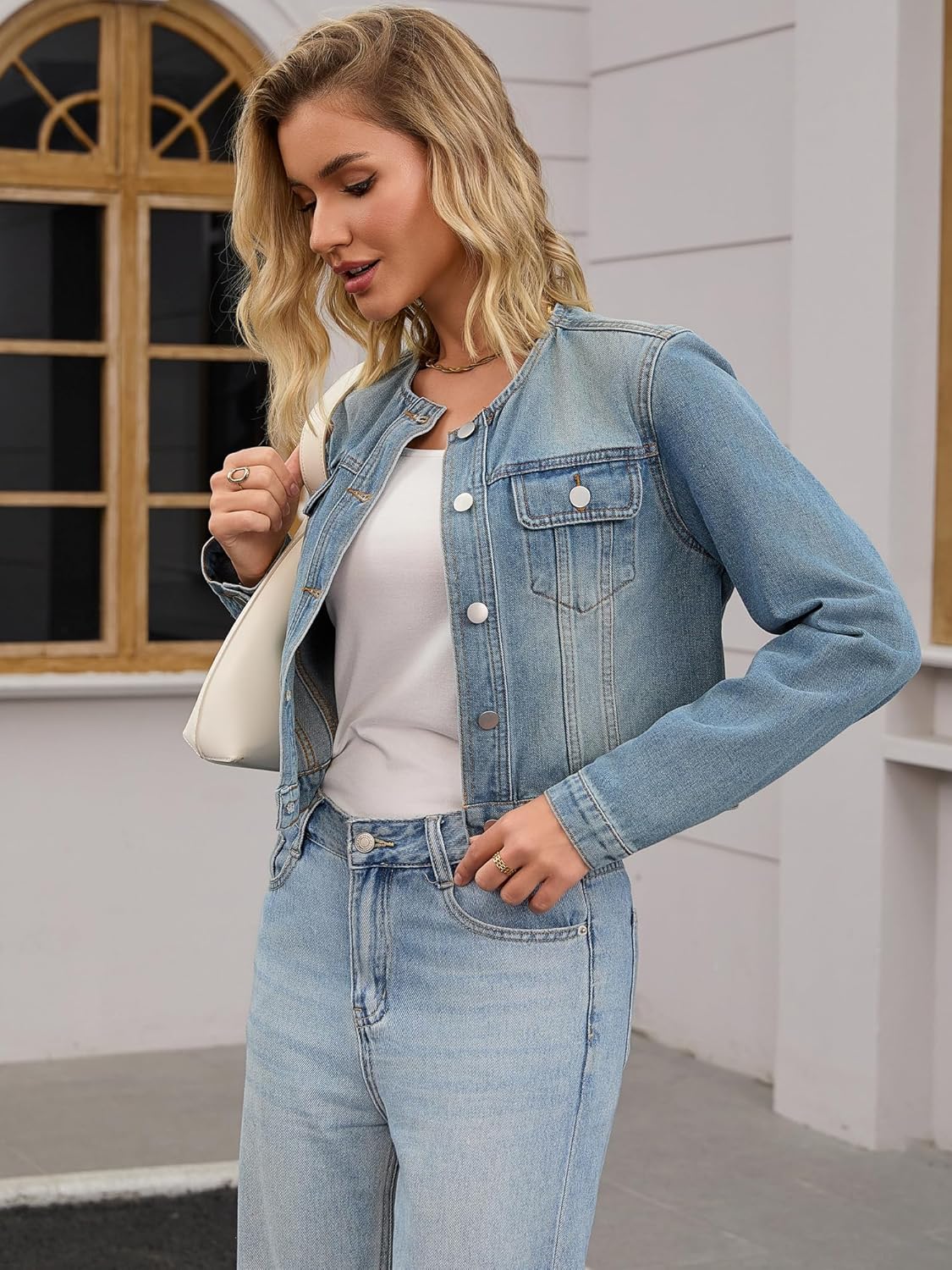 Women's Denim Jacket Collarless Button Down Western Long Sleeve Jean Jackets - Image 2