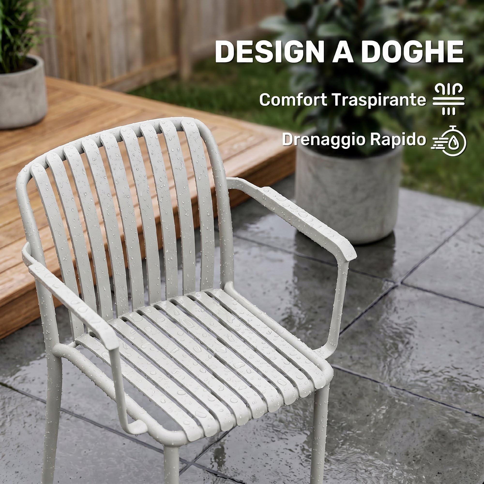 Outsunny Set 4 Sedie da Giardino Impilabili Anti UV con Braccioli Grigio | Polipropilene, Sedie per Pranzo da Esterno, Design a Doghe, per Patio Balcone Terrazza Esterno Interno