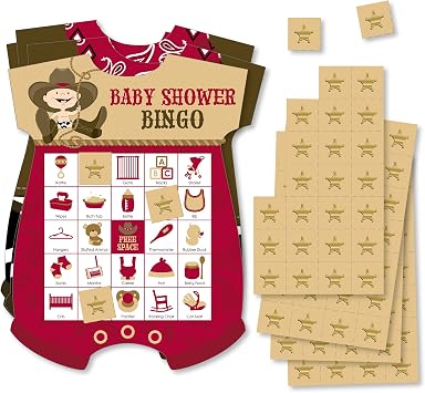 Big Dot of Happiness Little Cowboy - Picture Bingo Cards and Markers - Western Baby Shower Shaped Bingo Game - Set of 18