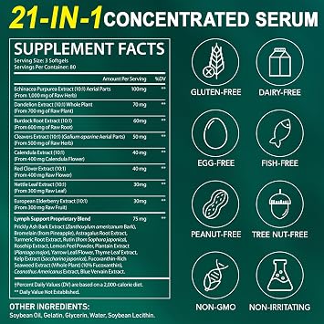 Lymphatic Drainage Supplement 240PCS, 21-in-1 Herbal Lymph System Support for Women & Men, Lymphatic Drainage Capsules with Dandelion & Burdock Root