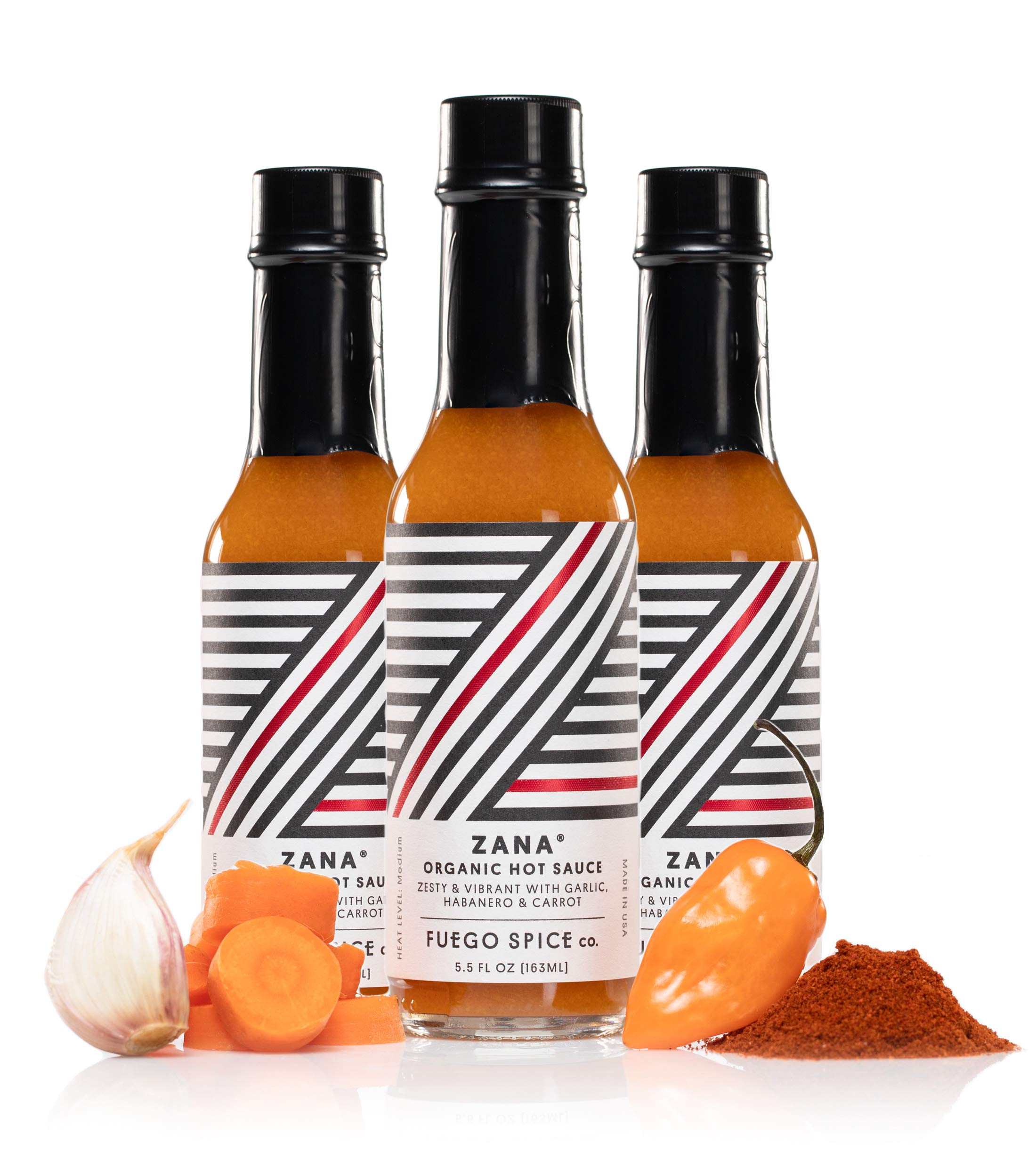ZANA Organic Habanero Hot Sauce by Fuego Spice - 5 Fl Oz - Everyday Red with Garlic, Habanero and Carrot - Dump it on a Sandwich, Try it on a Taco, or Pour it on your Pasta - Heat Level: 4/10