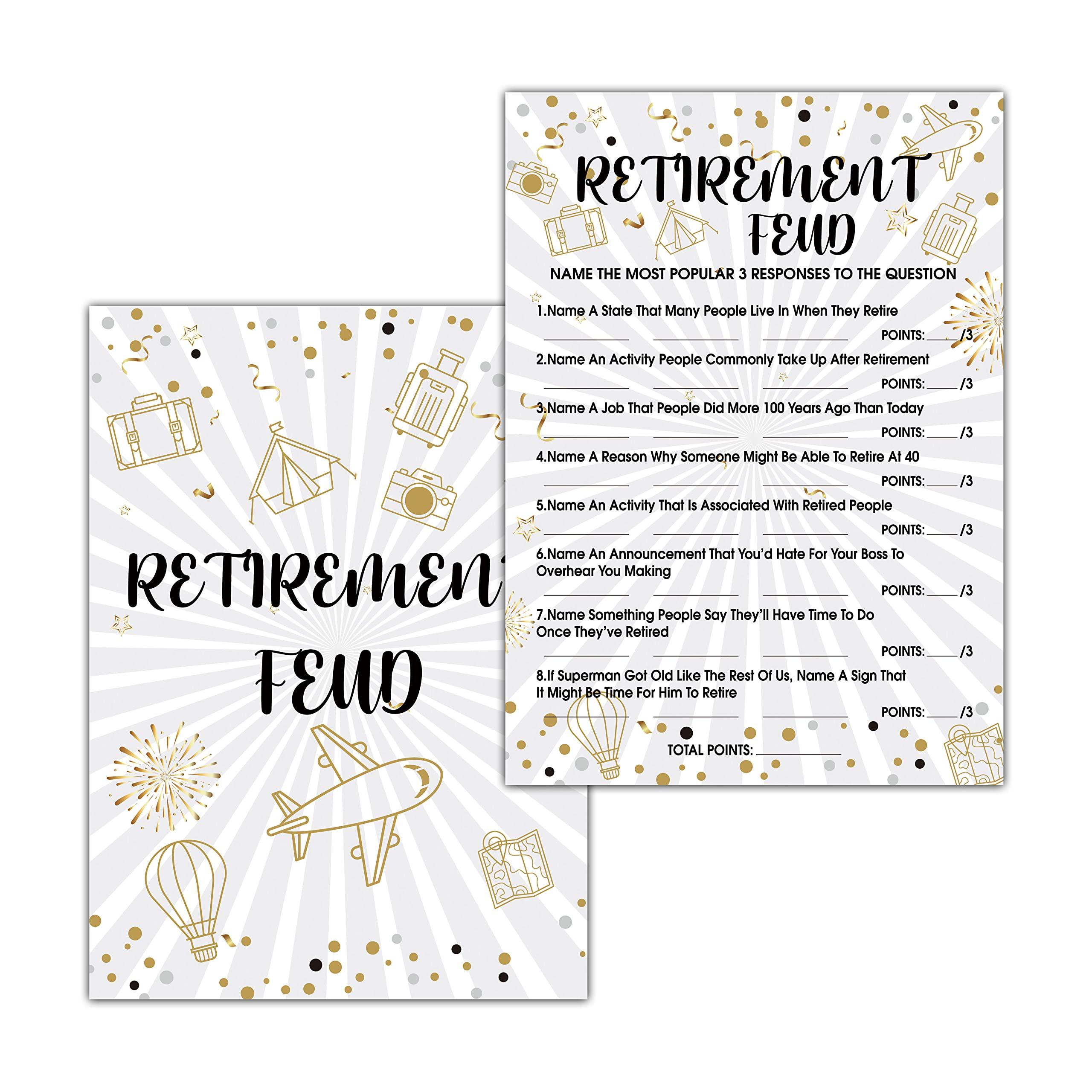 Retirement Party Games, Retirement Feud Co-Worker Retirement Party Game Card, Gold Foil Retirement Party Ideas Activities Supplies Decorations(30 Game
