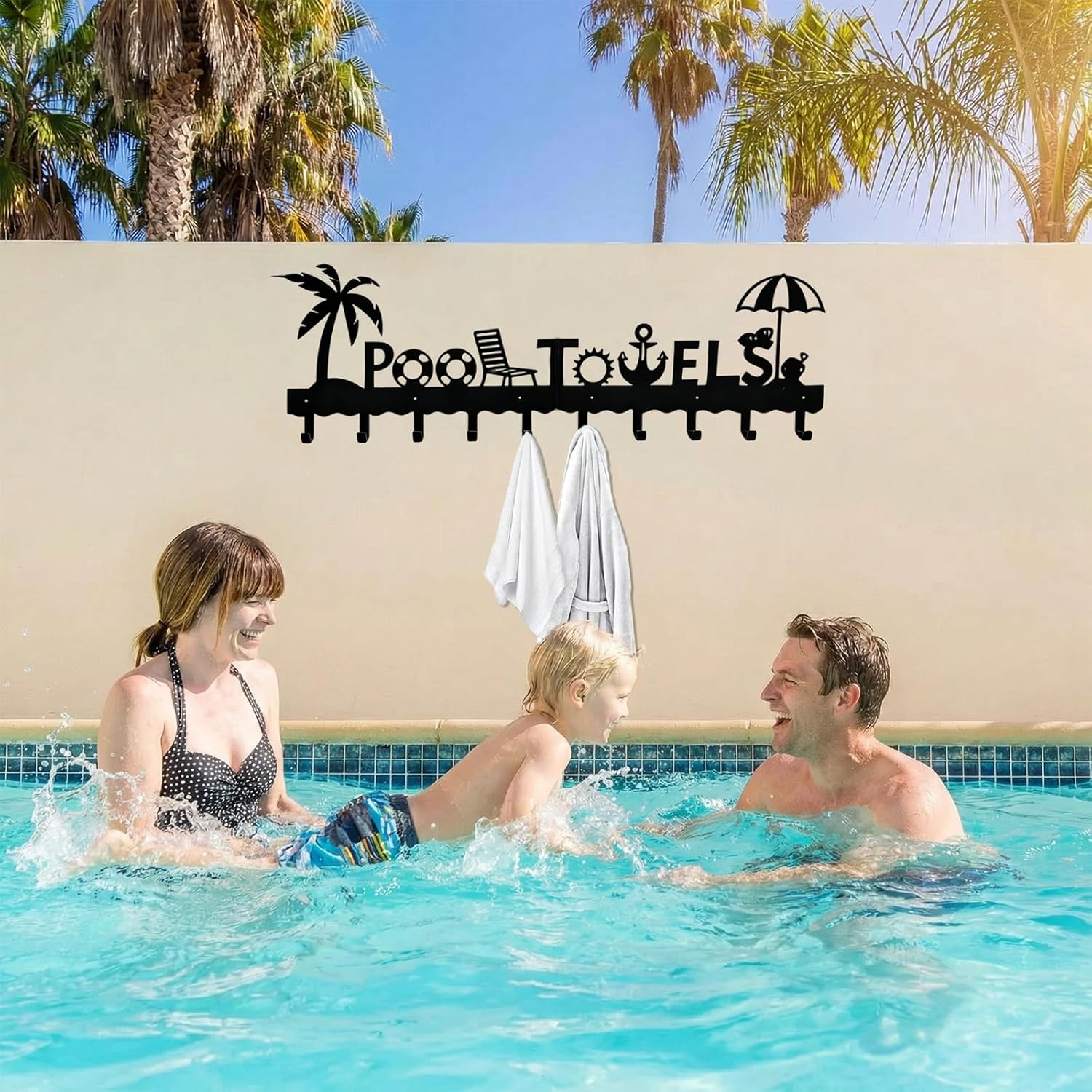 Large Pool Towel Rack (32 Inch), Outdoor Towel Rack for Pool, Wall Mounted Towel Holder Towel Hanger with 10 Hooks, Carbon Steel Towel Organizer Pool Signs and Decor for Bathrobes, Towels, Clothes