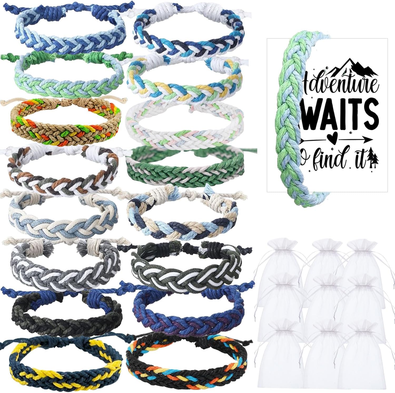 16 Set Friendship Bracelet Party Favors Braided Friendship Bracelets with Cards Adjustable Woven Friendship Bracelets Handmade Braided Bracelet for Teens Adults Camping Party Favors
