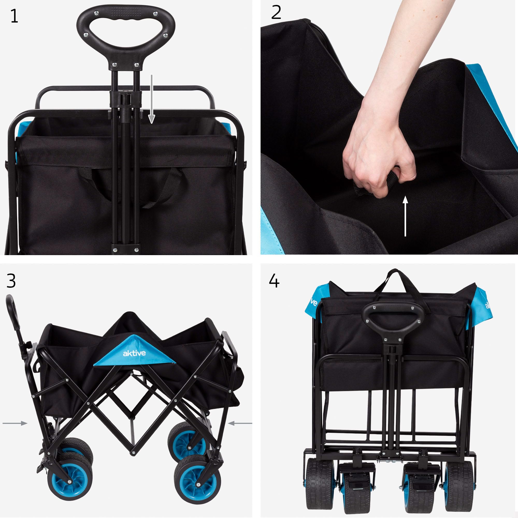 AKTIVE Carro Transporte Plegable, 90x50x97 cm, Carro Playa con 4 Ruedas, Carro portatodo, hasta 80 kg, Estructura en Acero, Gran Capacidad Almacenamiento, Carro Negro (62502)