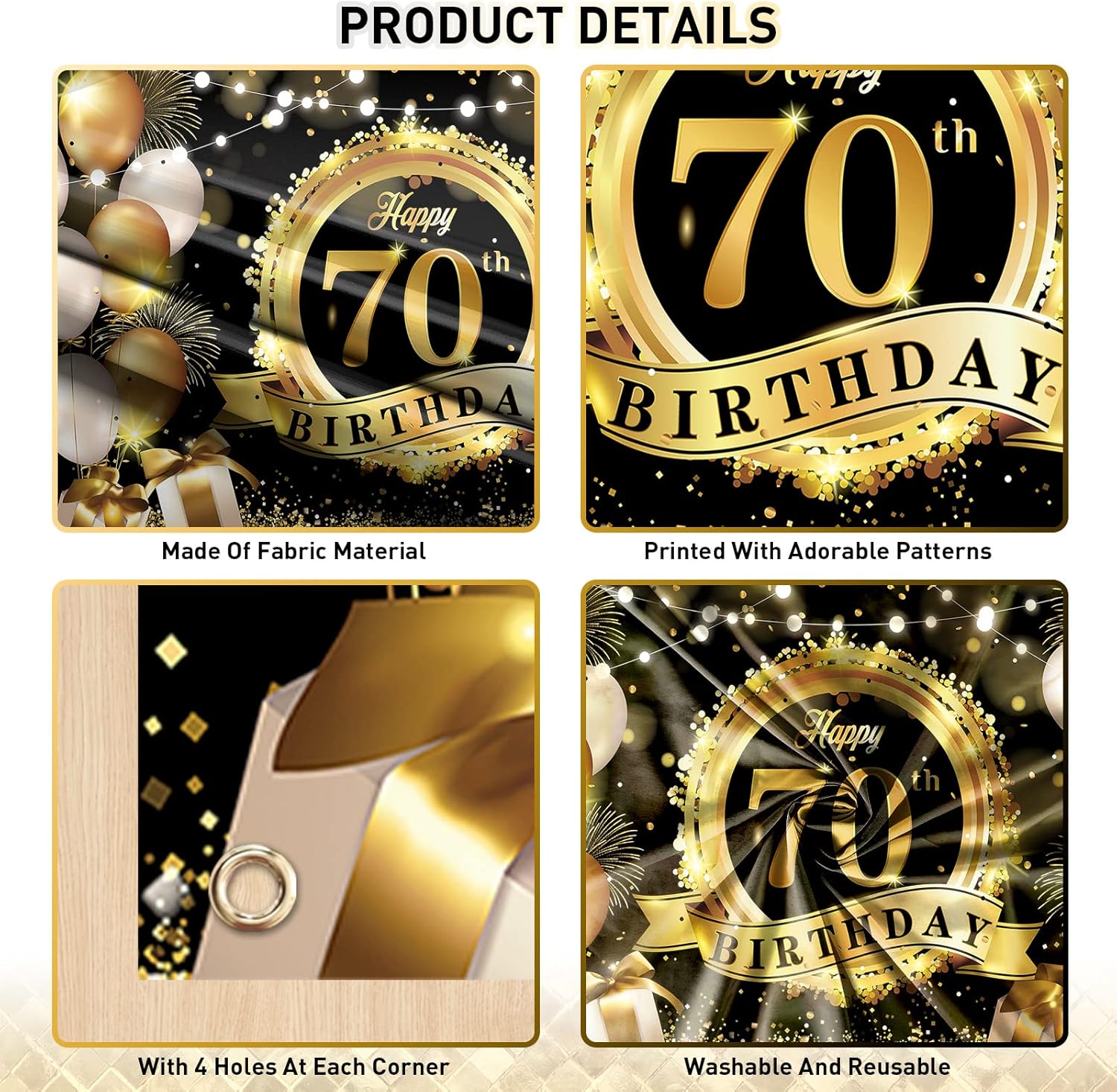 Happy 70th Birthday Decoration Backdrop Banner Black Gold Extra Large Fabric Birthday Sign Poster Photography Background 70 Year Birthday Party Decorations Supplies Indoor Outdoor, 72.8 x 43.3 Inch - Image 3