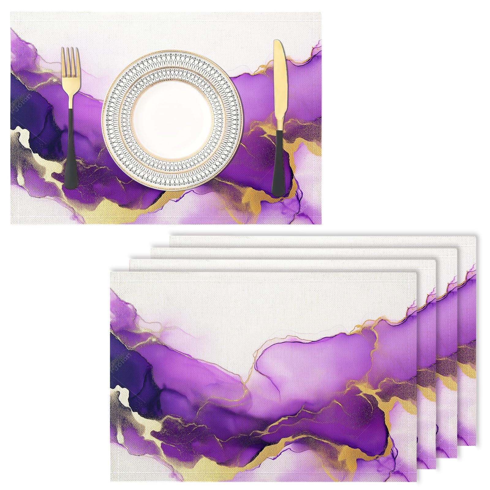 Cotton Linen Placemats - marble - Pack of 4 Purple Heat Resistant Washable Dinner Mats Kitchen Dining Place Dinner Table Setting