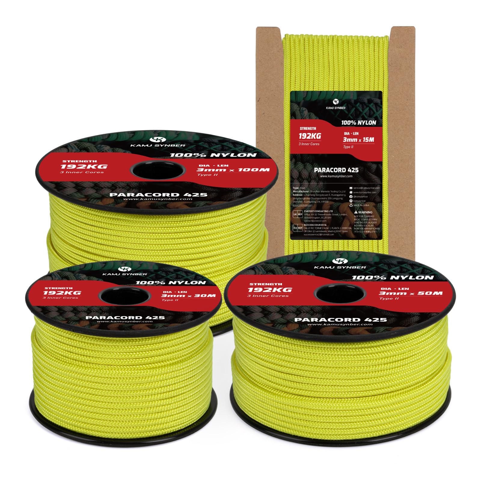 Kamu Synber 425 Paracord 3mm x 50m 100% Nylon Rope 3 Strands Parachute Cord Type II for Outdoor, Crafting, DIY | Support 192kg | Neon Yellow