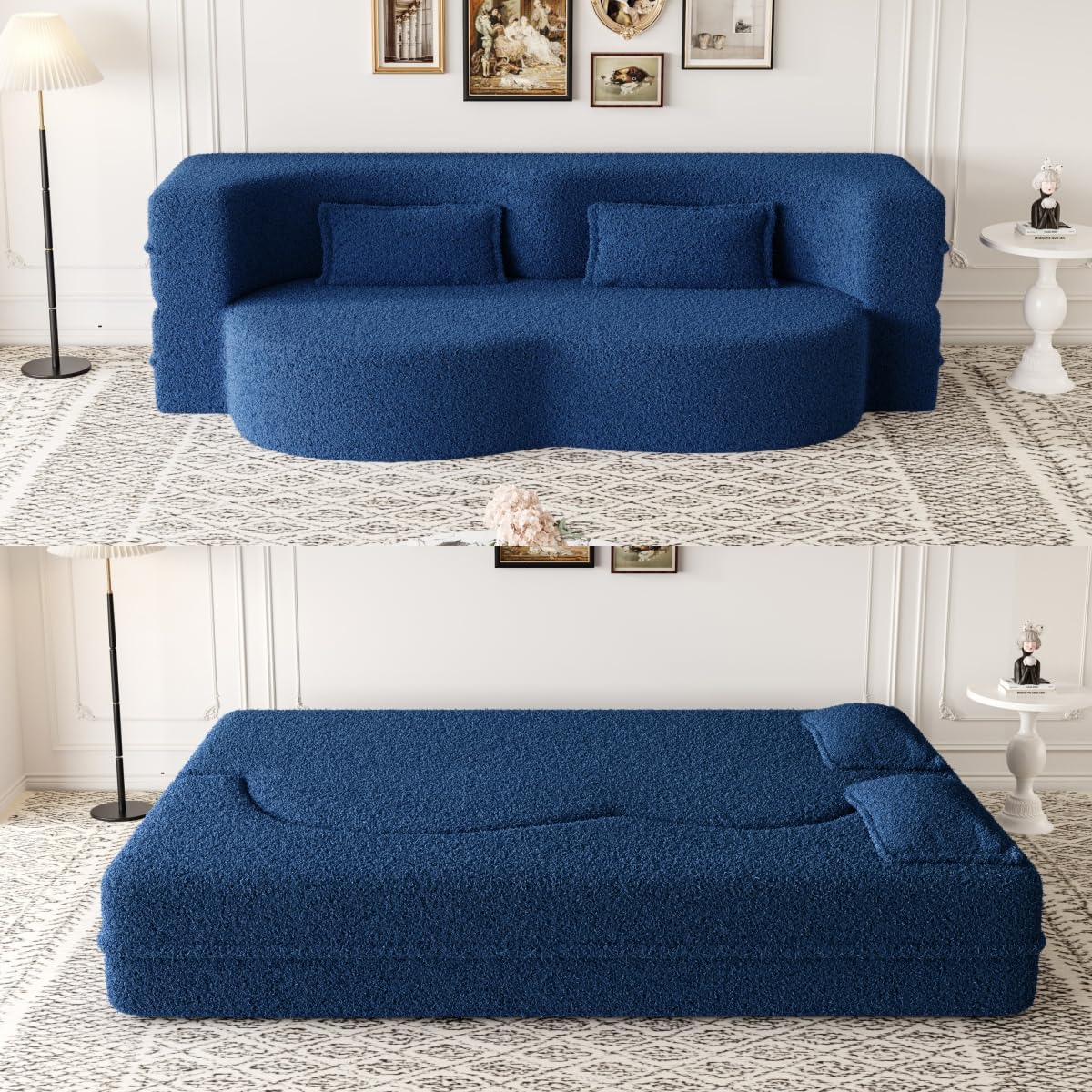 Folding Sofa Bed,15" Full Size Folding Mattress for Living Room,Convertible Teddy Fabric Foam-Filled Loveseat Sleeper Sofa Bed (Blue)