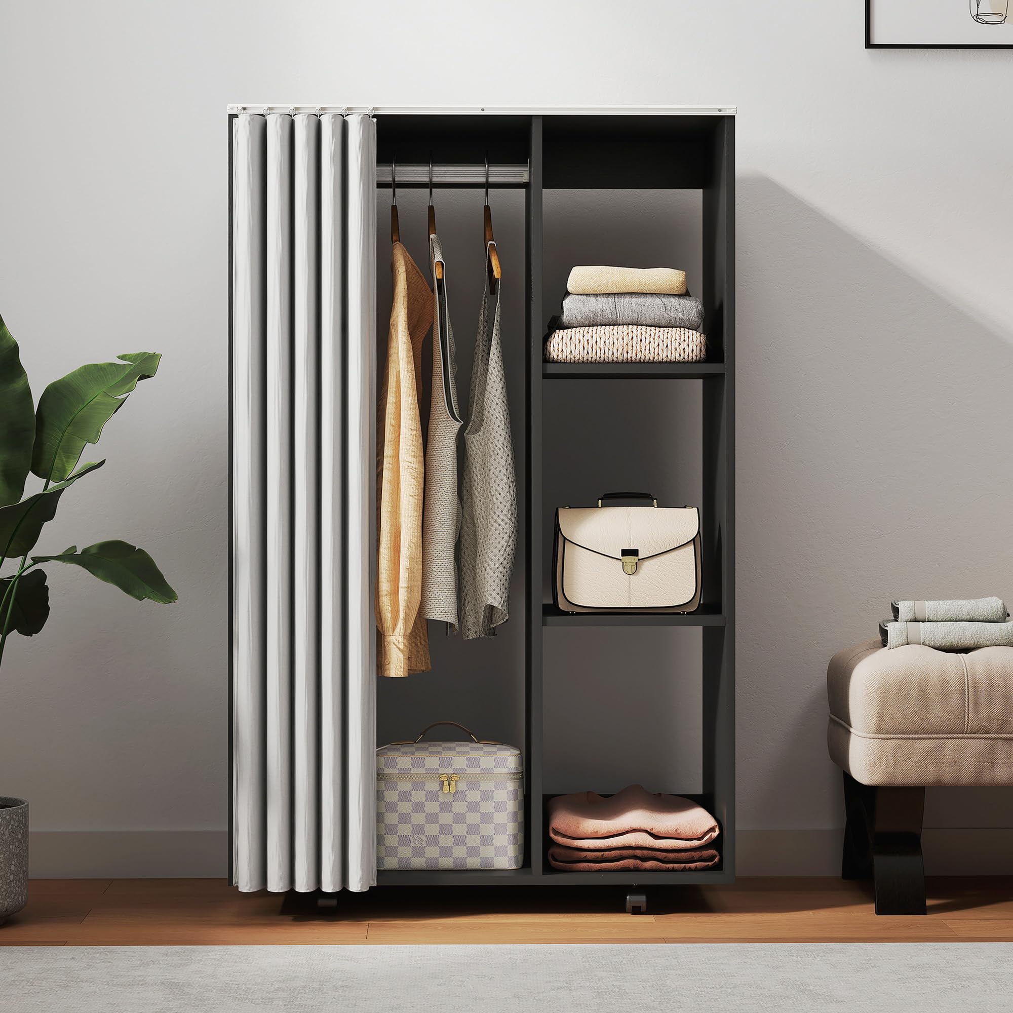 HOMCOM Armoire penderie Meuble de Rangement Mobile 4 roulettes avec Tringle à vêtements et étagères Ouvertes, penderie vêtement Dressing Roulant pour Chambre à Coucher, 80x40x128cm, Noir