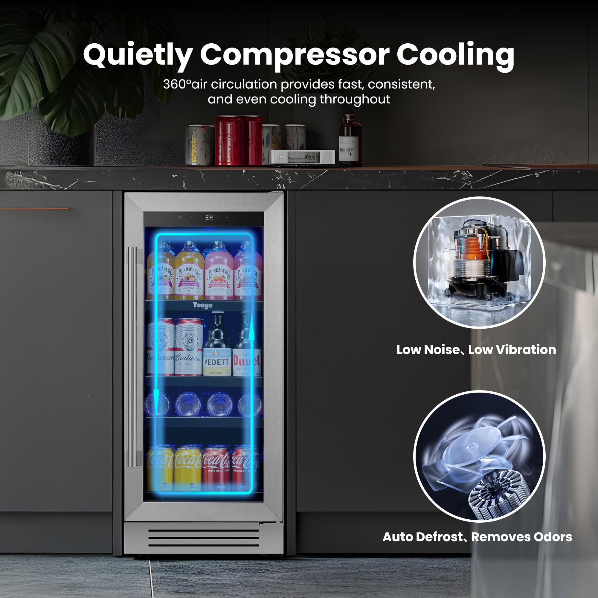 YEEGO Beverage Refrigerator Cooler - 15 Inch 100 Cans Mini Fridge With Glass Door, 34-54 ℉ Drink Cooler, Built-In Or Freestanding For Wine Beer Soda Bar Office Home Dorm on Fridge.com - View 3