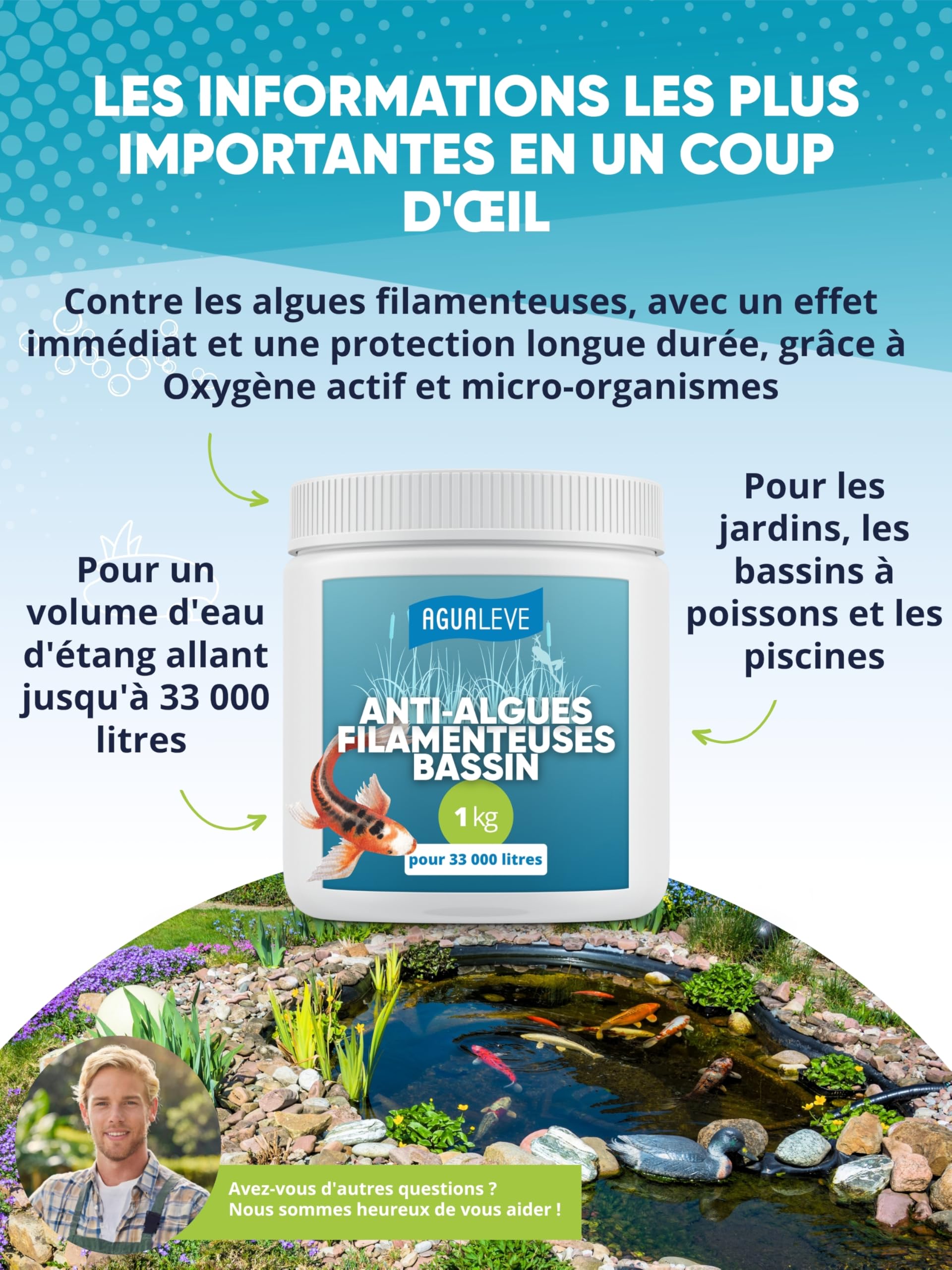 AGUALEVE Destructeur d’algues filamenteuses pour Bassin – Granulés pour Application ciblée sur Les algues – Dosage indicatif 30 à 50 g pour 1 000 L – Guide d’Entretien numérique Inclus