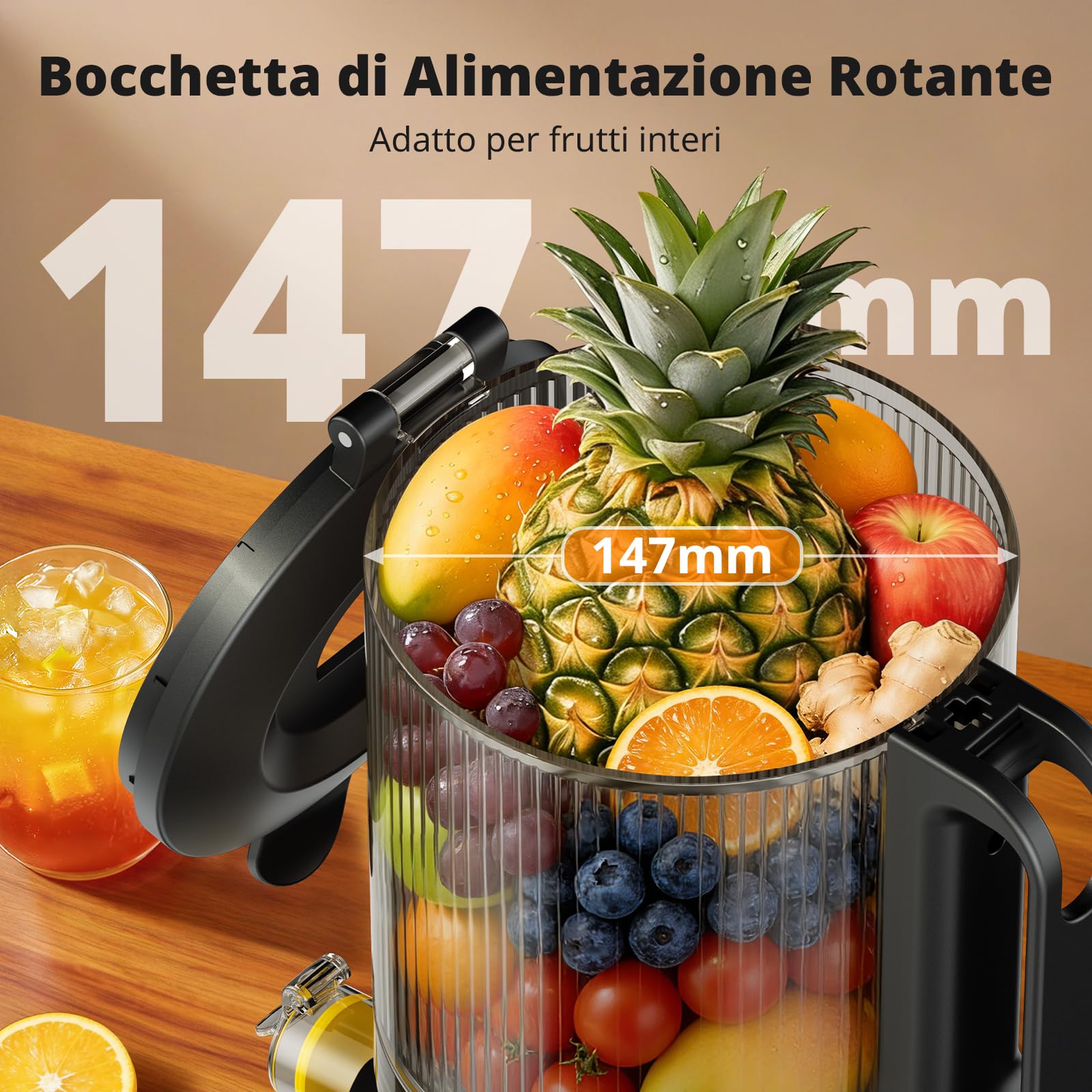 AIRMSEN Estrattore di Succo a Freddo Elettrico, Slow Juicer con Imboccatura Extra Large da 147 Mm, Capacità di 2,1 L, Motore da 300 W, Tecnologia a Spirale Lenta Migliorata 7+1, Facile da Pulire Nero
