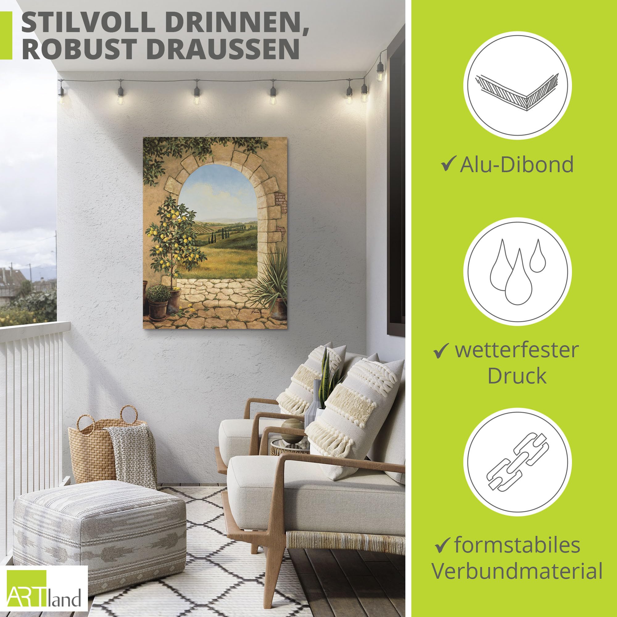 ARTland Wanddeko Wandbild Alu Verbundplatte für Innen & Outdoor Bild 45 x 60 cm Landschaften Fensterblick Malerei Creme Zitronenbaum vorm Torbogen A7CU