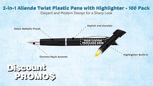 Miniatura 3 de DISCOUNT PROMOS 100 bolígrafos de plástico Allende Twist con paquete de resaltadores, texto personalizable, logotipo, elegante, duradero, tinta