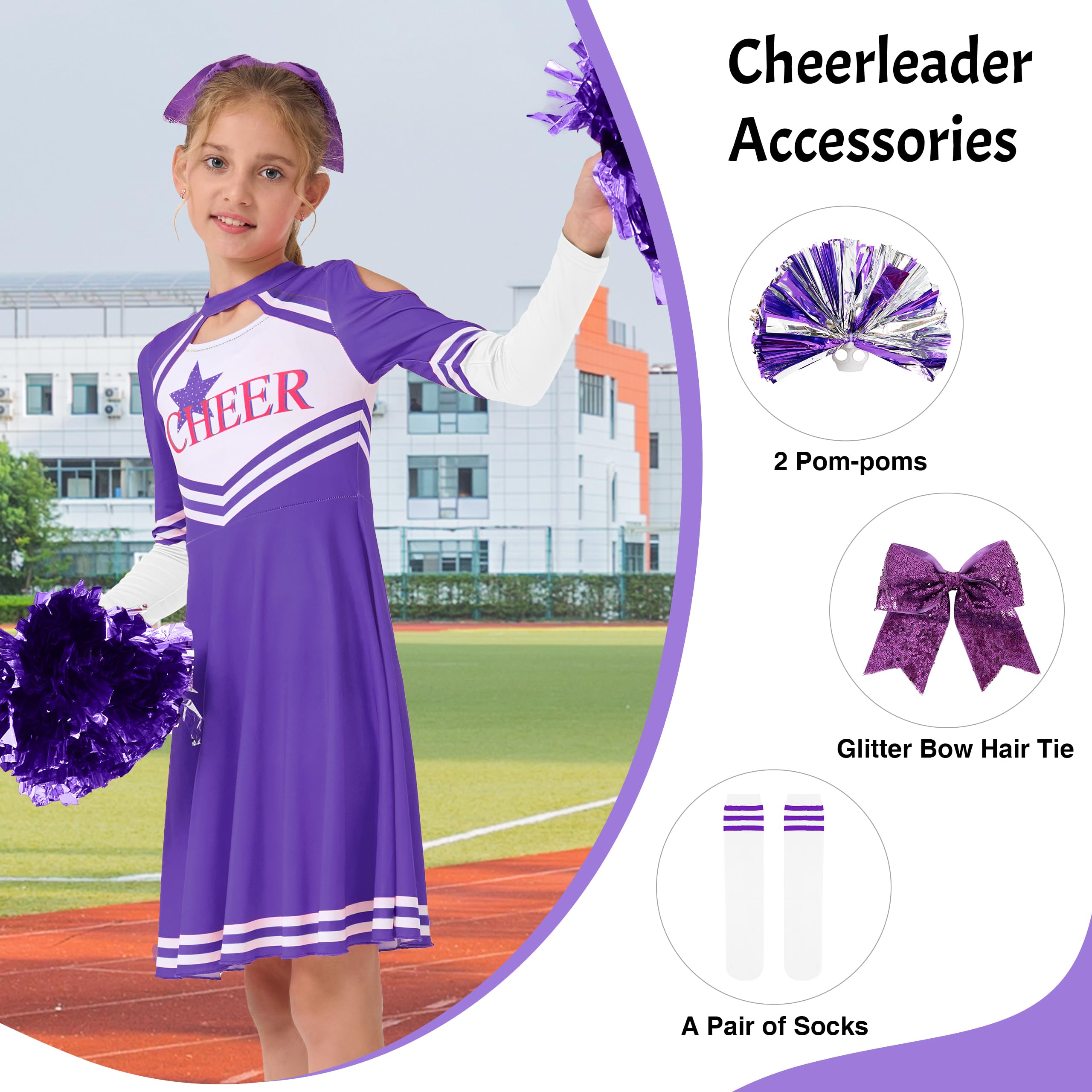 LOLANTA Costume da Cheerleader per Bambini, Vestito da Cheerleader a Maniche Lunghe per Ragazze con Pompon e Calzini, Carnevale o Evento Sportivo