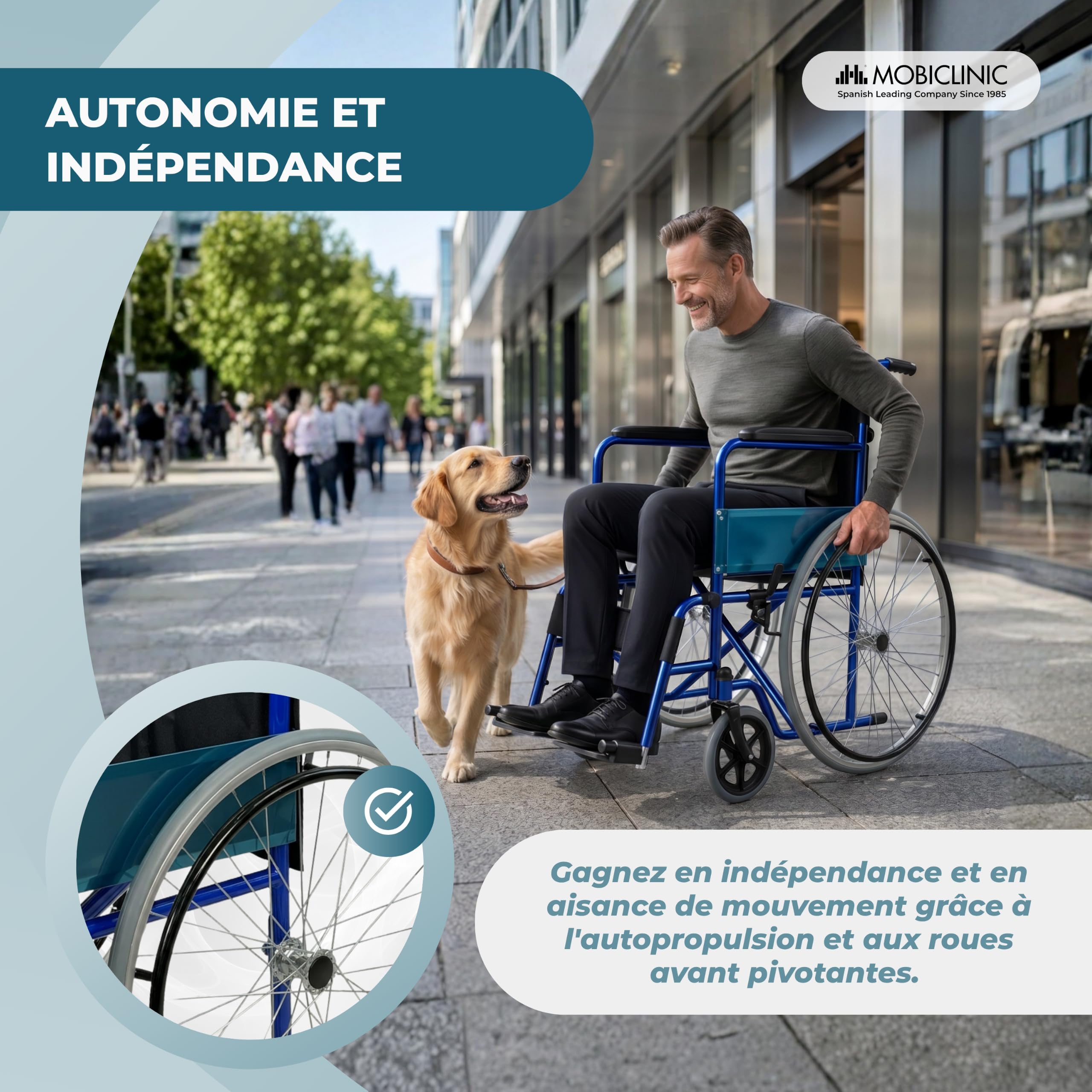 Mobiclinic®, Fauteuil roulant pliant, Alcázar, Marque européenne, Siège 46 cm, Frein manuel, Accoudoirs fixes et repose-pieds pliants, Pour personnes handicapées, Couleur bleu/noir