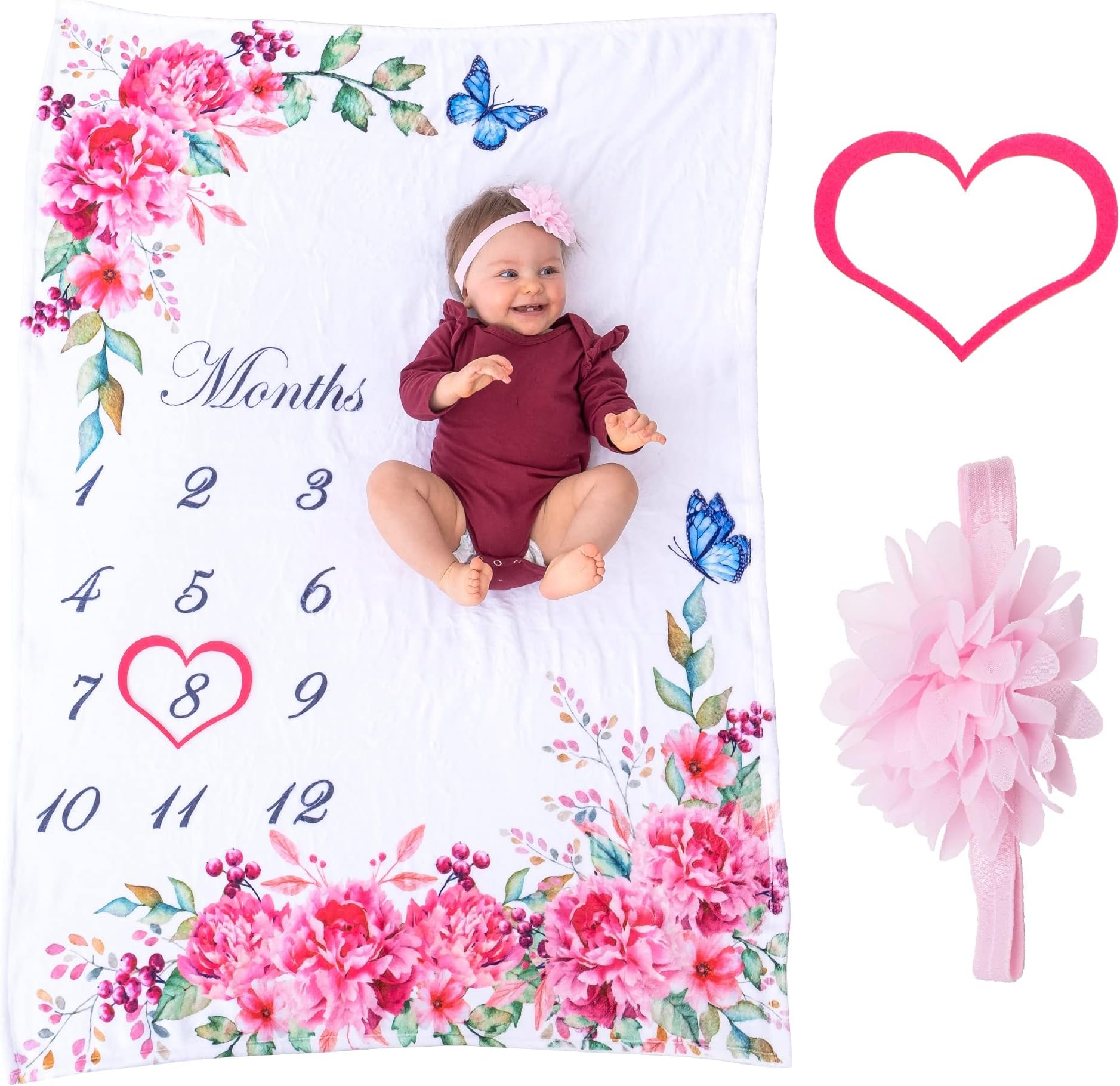 Monthly Milestone Blanket for Baby Girl - Growth Chart Blanket - New Moms Set, Wrinkle Free, Washable, Dryable, Red Heart Wreath & Pink Headband- 54"x40"