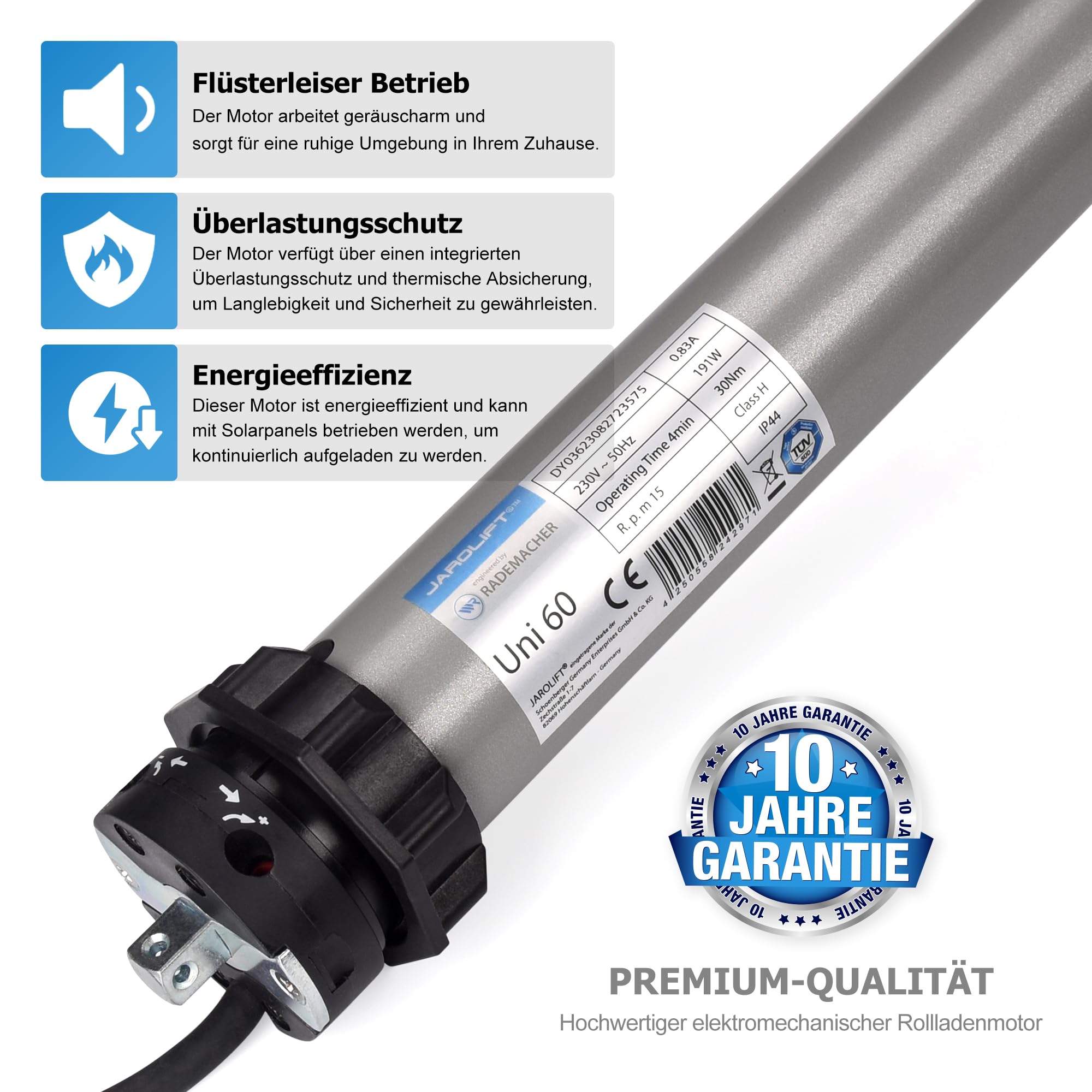 jarolift Motor Universal Electromecánico Uni 60, Motor Tubular para Persianas Enrollables SW60, Fuerza de Tracción 60 kg, con Protección Térmica